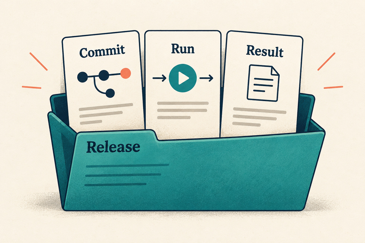 A release folder holds three separate cards labeled Commit, Run, and Result.