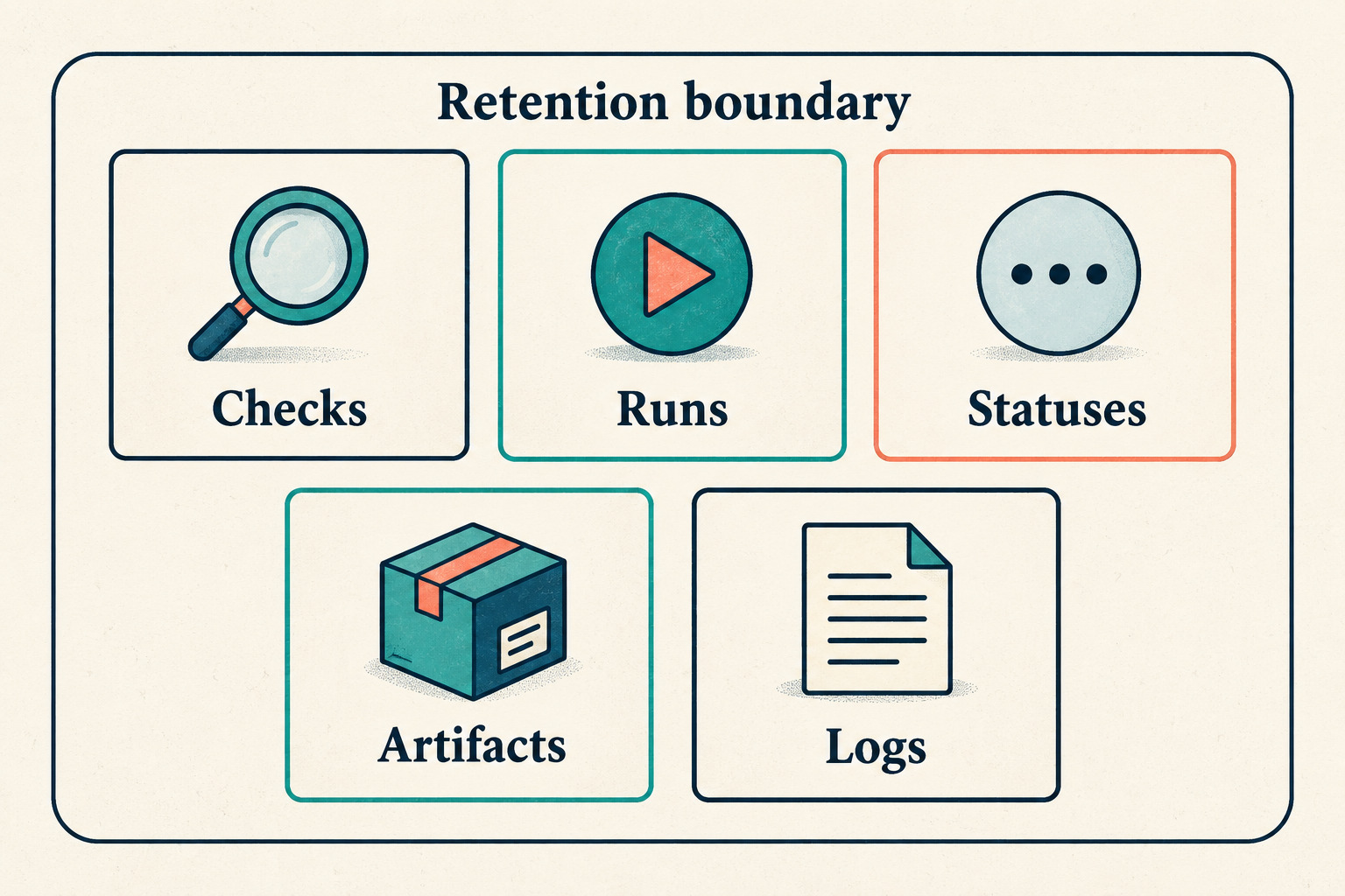 Five separate cards labeled Checks, Runs, Statuses, Artifacts, and Logs sit inside one retention-boundary outline.