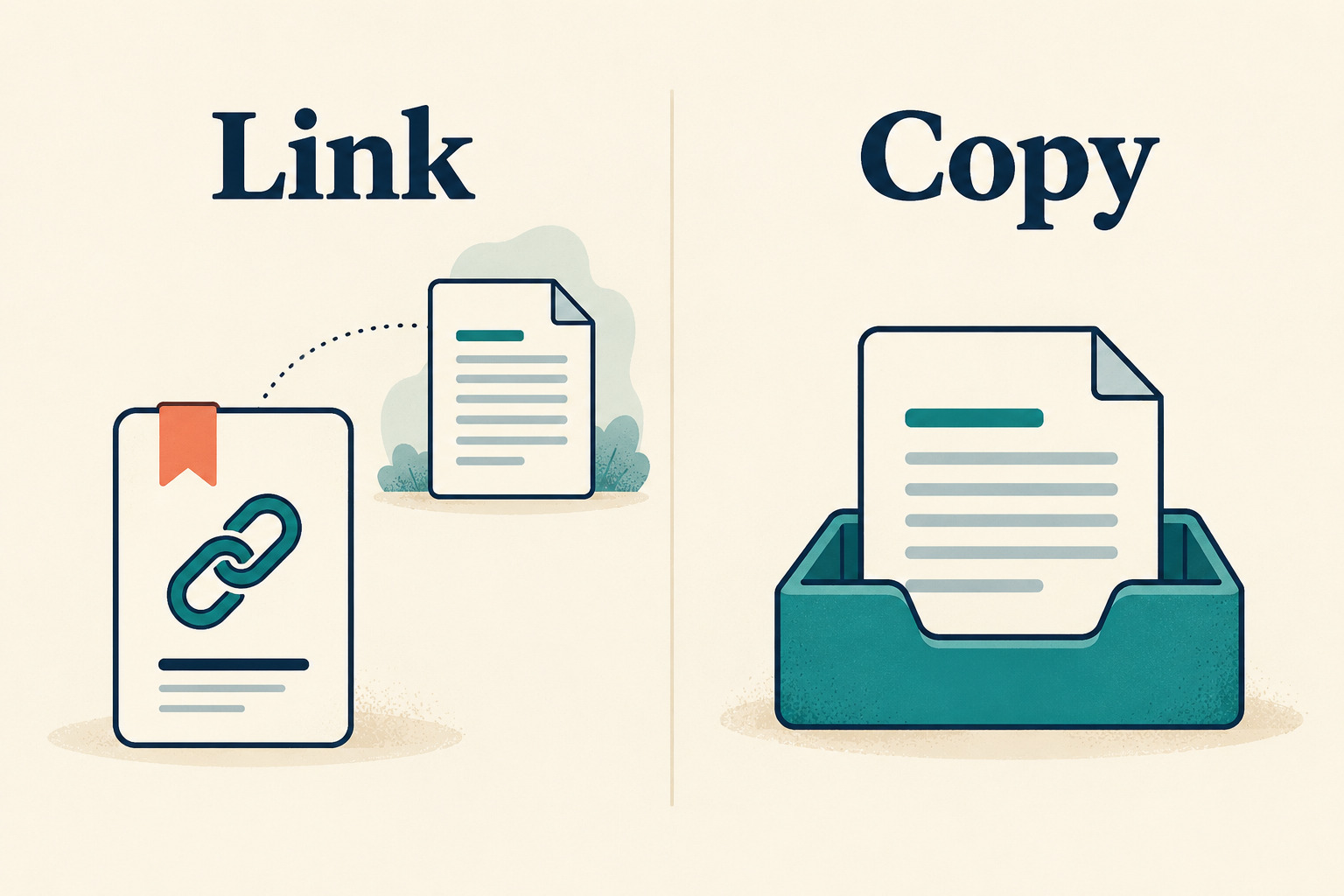 A Link bookmark points toward a separate document, while a Copy document rests in its own storage tray.