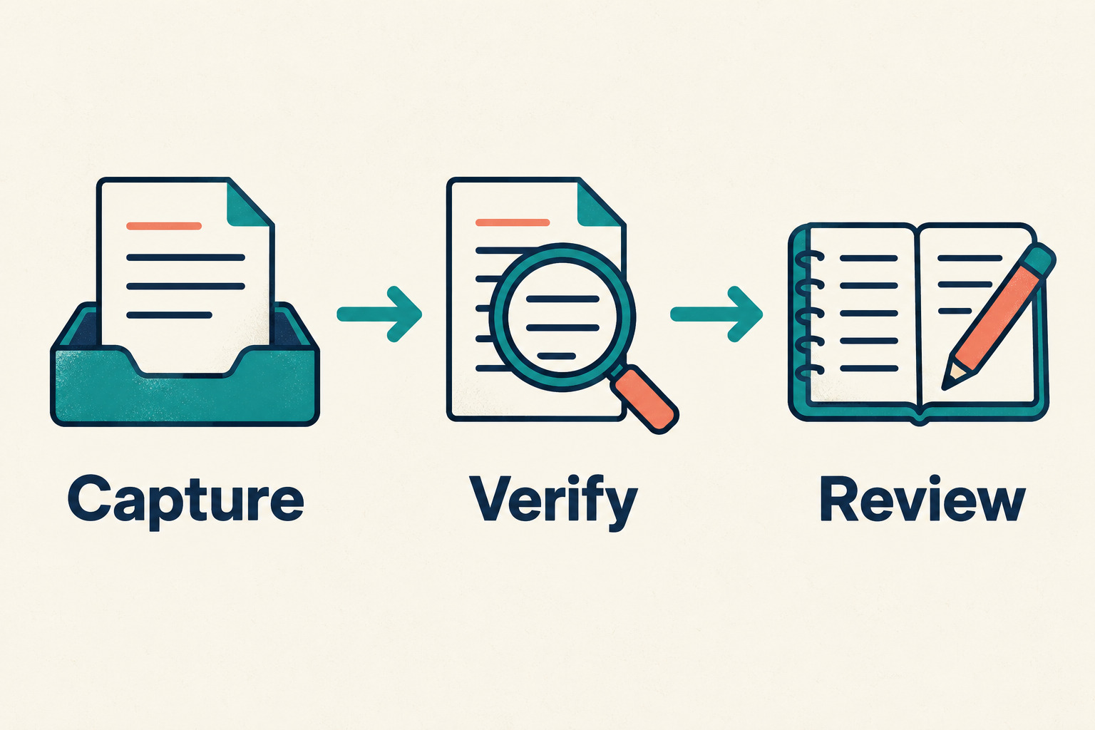 Three stages labeled Capture, Verify, and Review appear left to right, joined by two arrows.