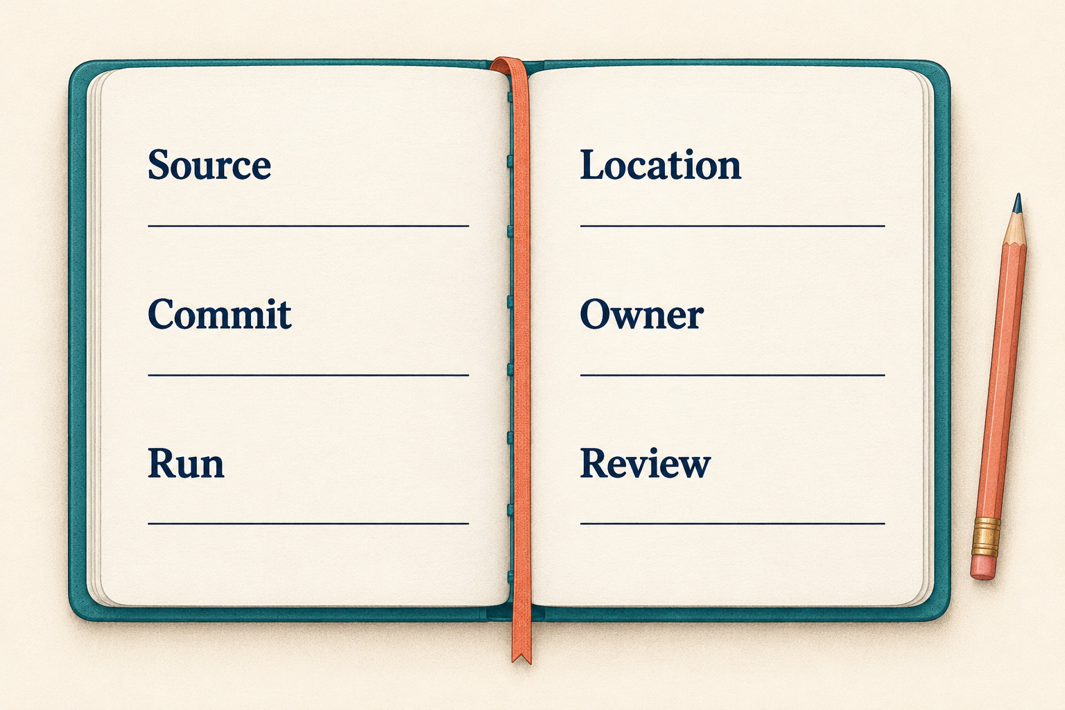An open notebook has six blank fields labeled Source, Commit, Run, Location, Owner, and Review.