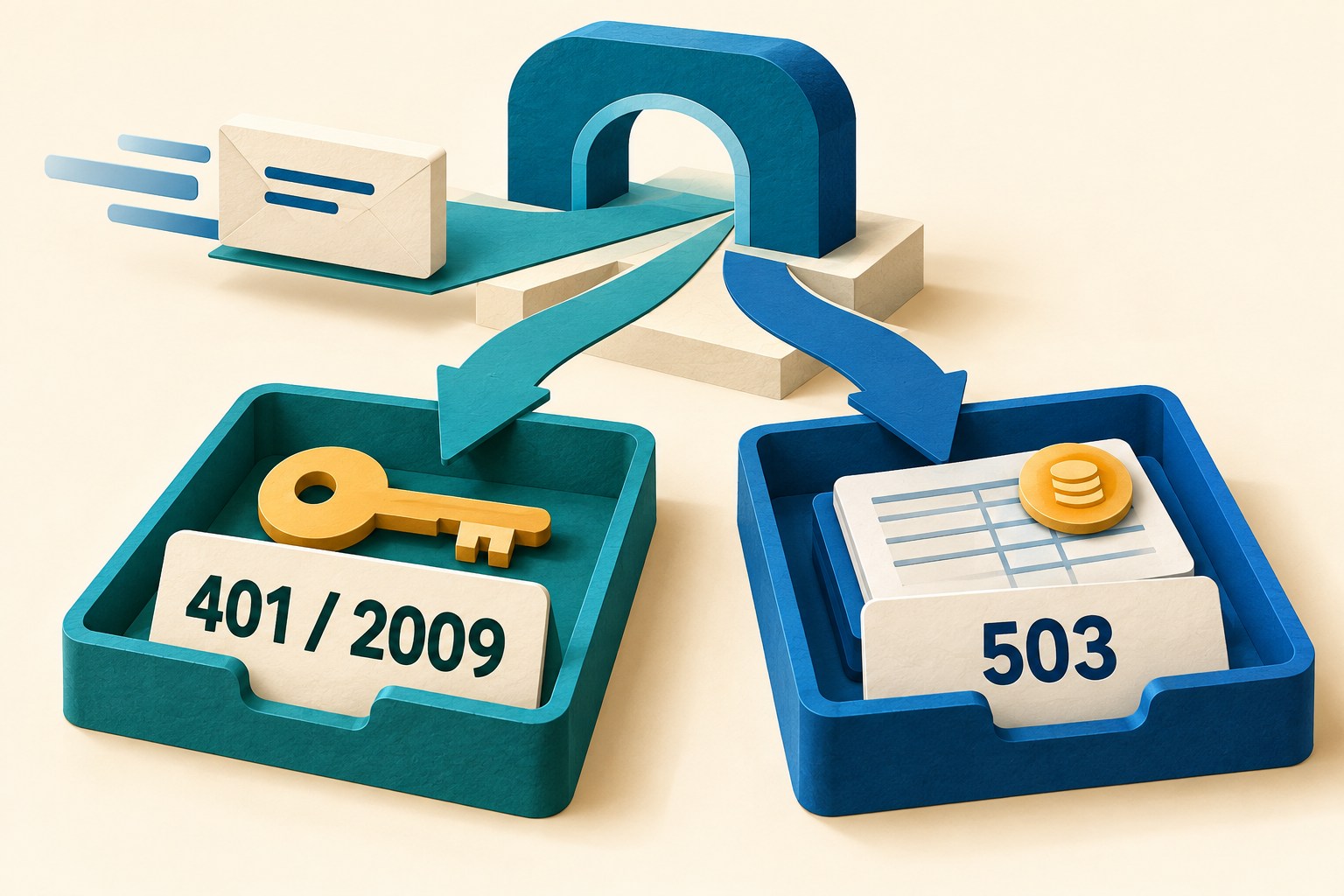 An abstract gateway divides into a key tray labeled 401 / 2009 and a billing tray labeled 503.