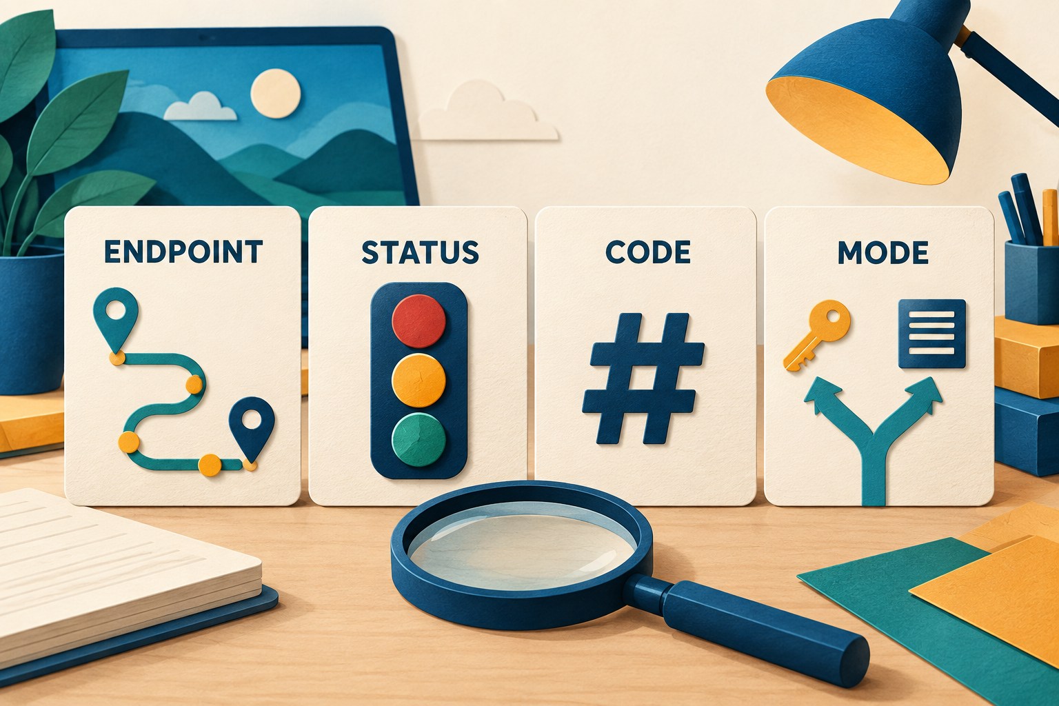 Four inspection cards labeled Endpoint, Status, Code and Mode sit behind a magnifying glass.