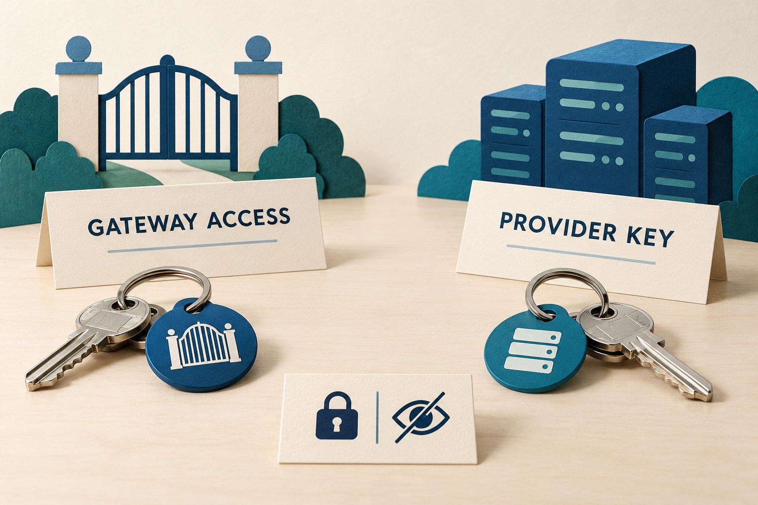 Separate keyrings sit beside Gateway Access and Provider Key cards, with a privacy symbol between them.