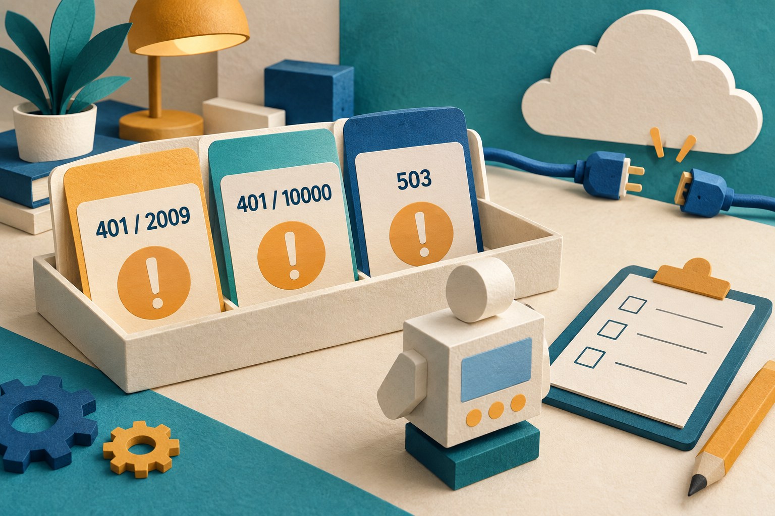 Synthetic test cards show 401 / 2009, 401 / 10000 and 503 beside a disconnected cloud cable and blank checklist.