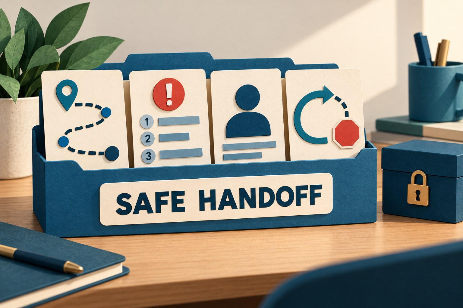 A Safe Handoff folder contains route, error, owner and bounded-retry cards, while a locked key box stays outside.