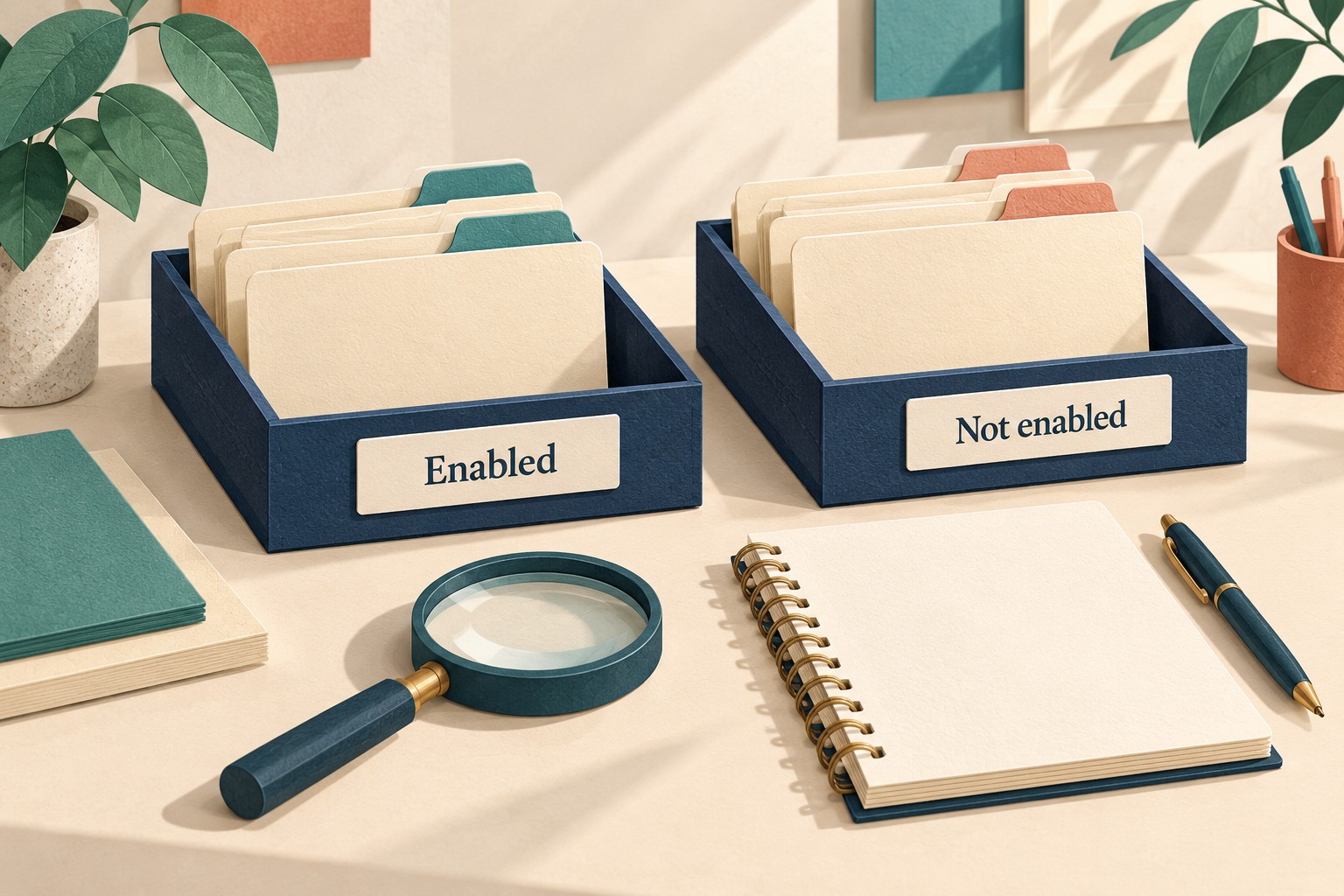 Folders sit in separate trays labelled Enabled and Not enabled beside a blank audit notebook.