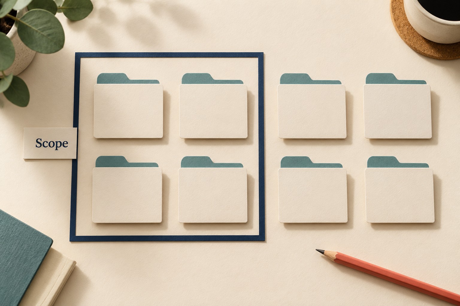 Four of eight folder cards sit inside a navy frame labelled Scope.