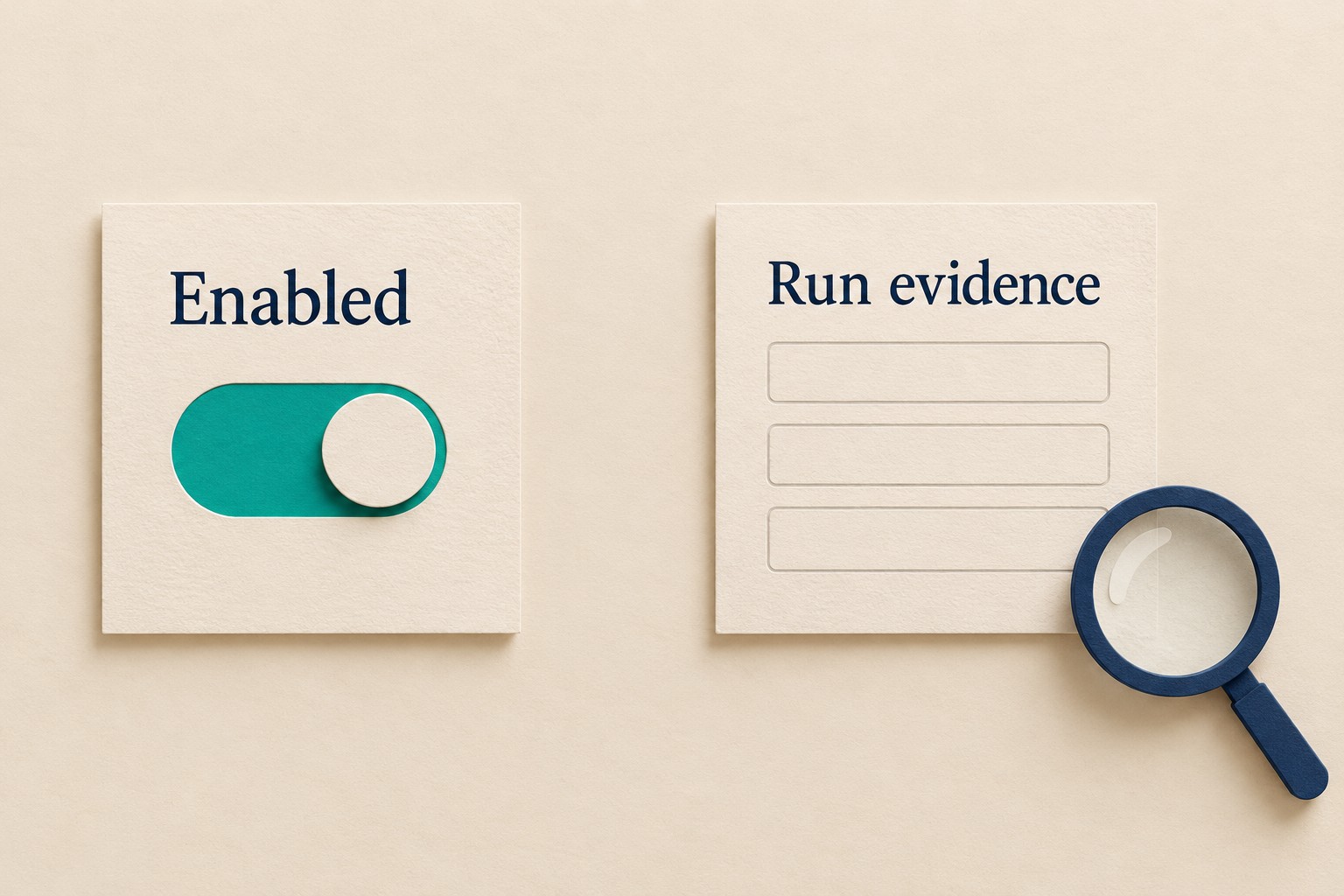 An Enabled card with an on switch sits separately from a Run evidence card with blank fields.