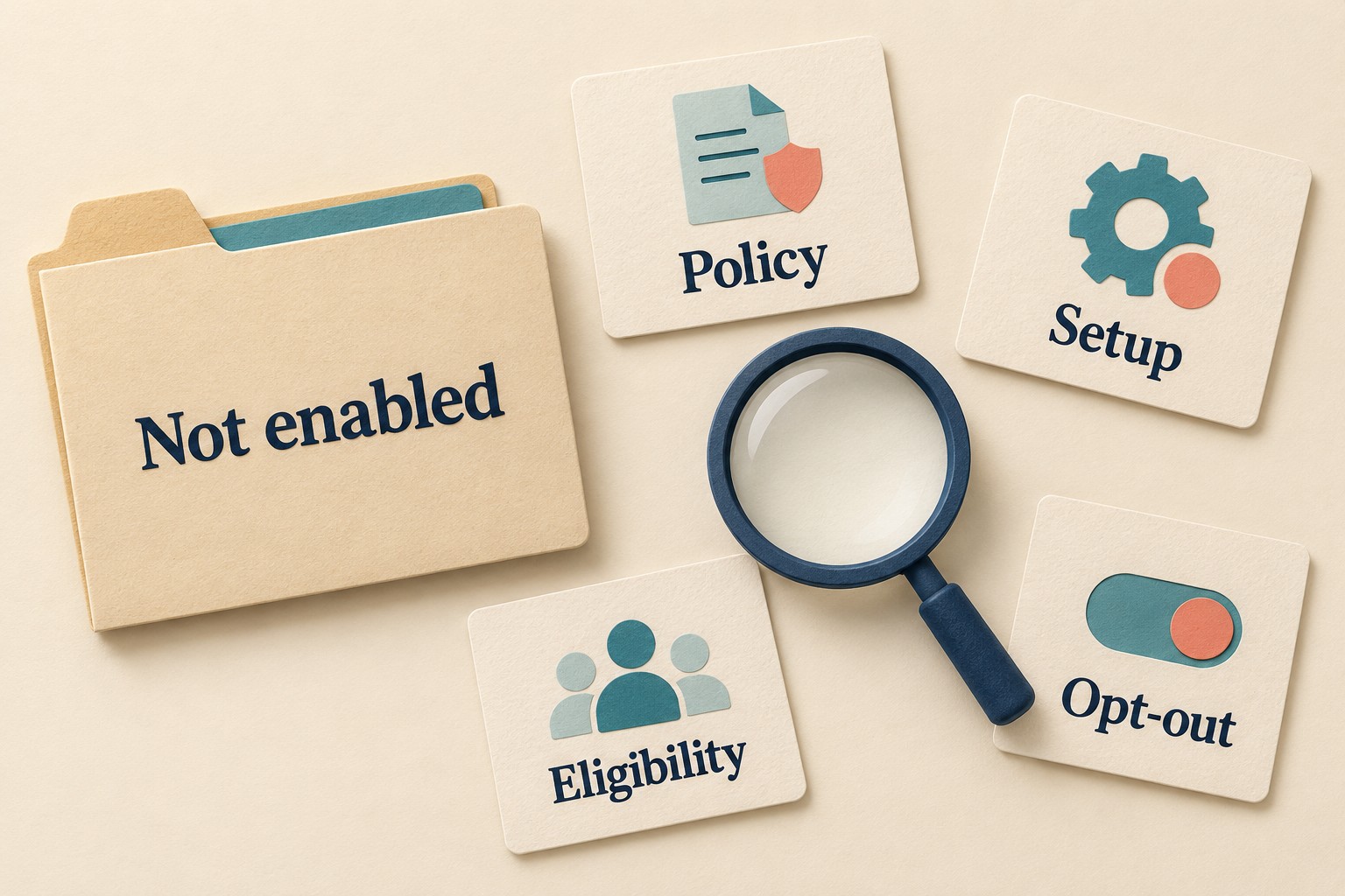 A Not enabled folder sits beside separate Policy, Setup, Eligibility and Opt-out cards.