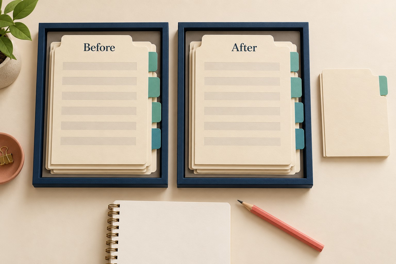Before and After document packets sit in matching trays, with another folder outside the comparison.