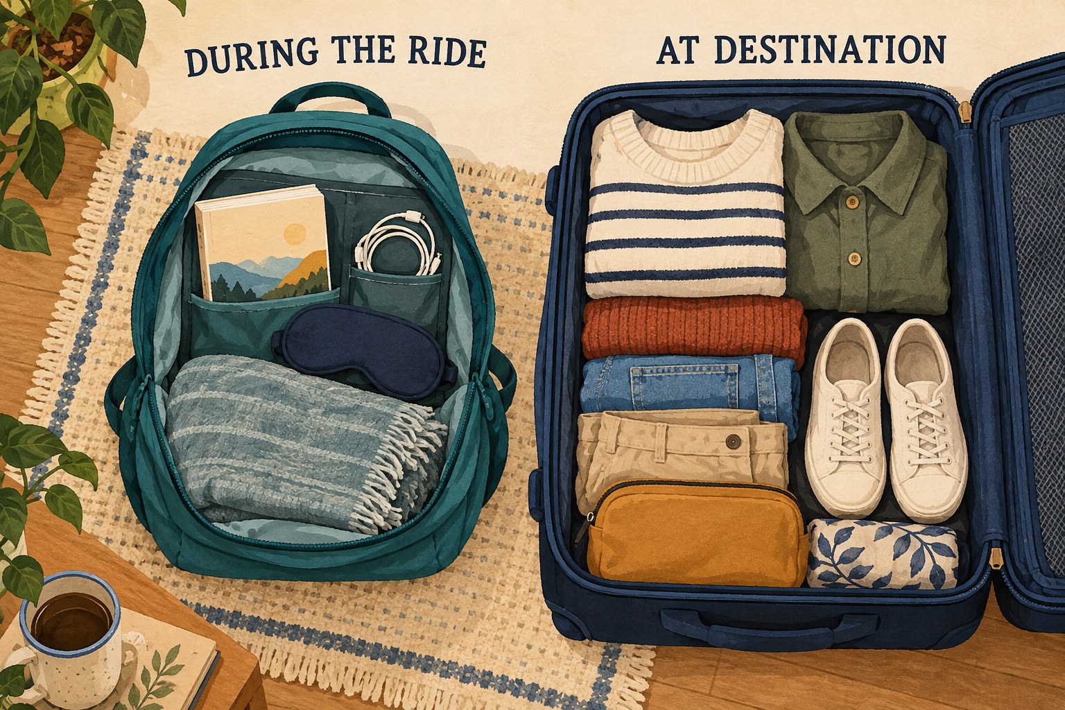 Open teal backpack with a book, cable, eye mask and folded blanket beside a larger suitcase of clothes and shoes, labeled During the ride and At destination.