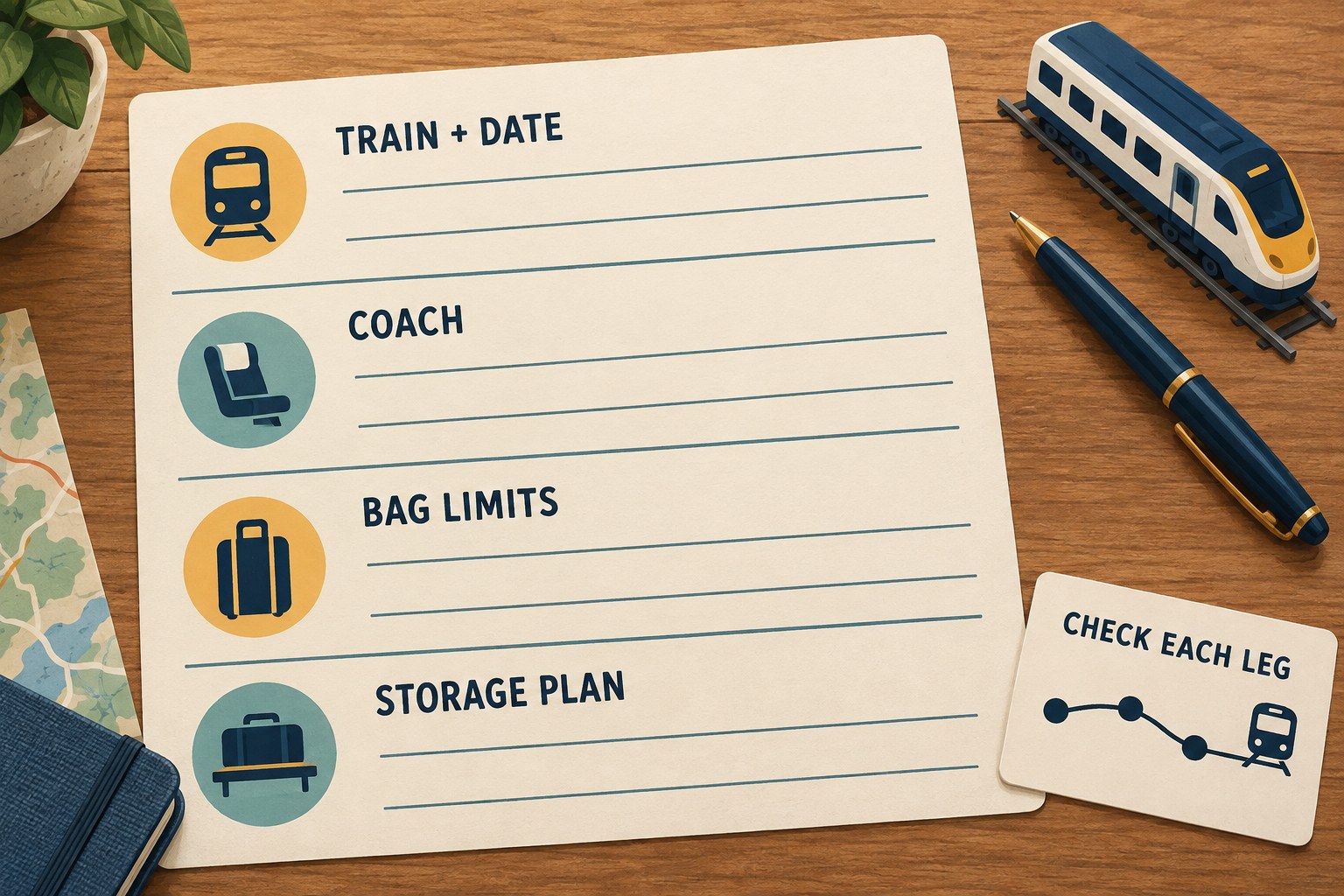 Blank planning sheet with Train plus date, Coach, Bag limits and Storage plan fields, beside a Check each leg reminder and a model train.