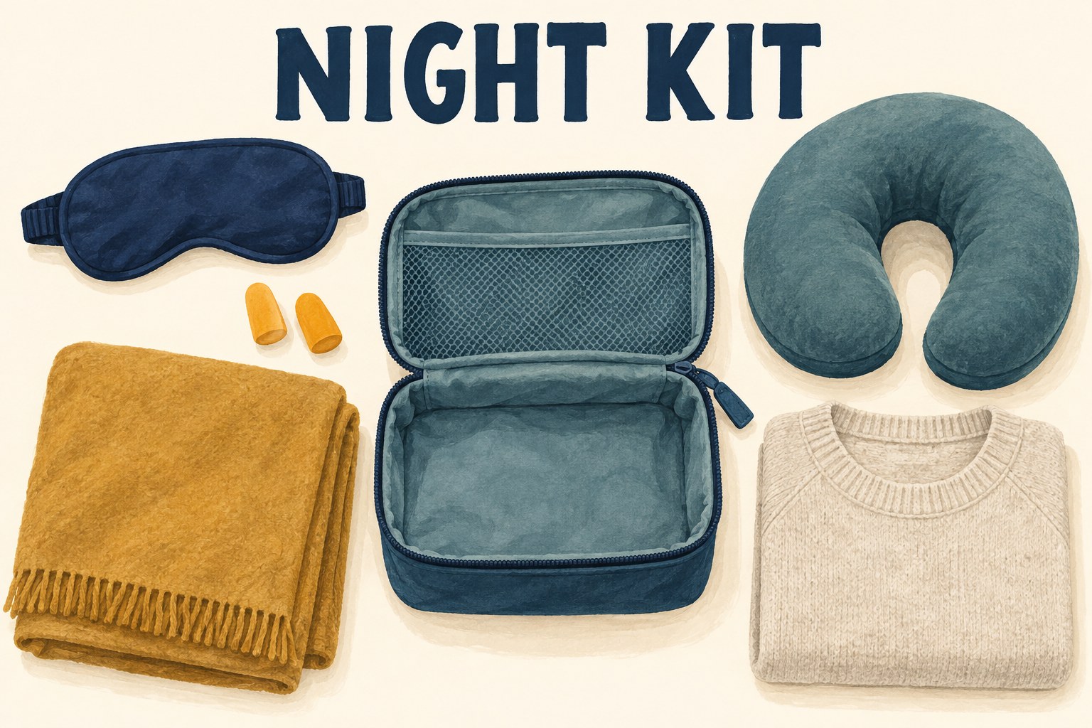 Night kit flat lay showing an open pouch, eye mask, two earplugs, neck pillow, folded blanket and sweater.