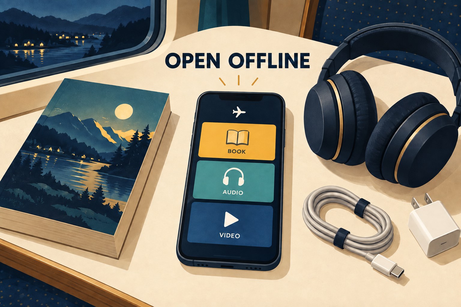 Illustrated phone with an airplane-mode symbol and Book, Audio and Video tiles beside headphones, a paperback, cable and a two-flat-pin wall charger.