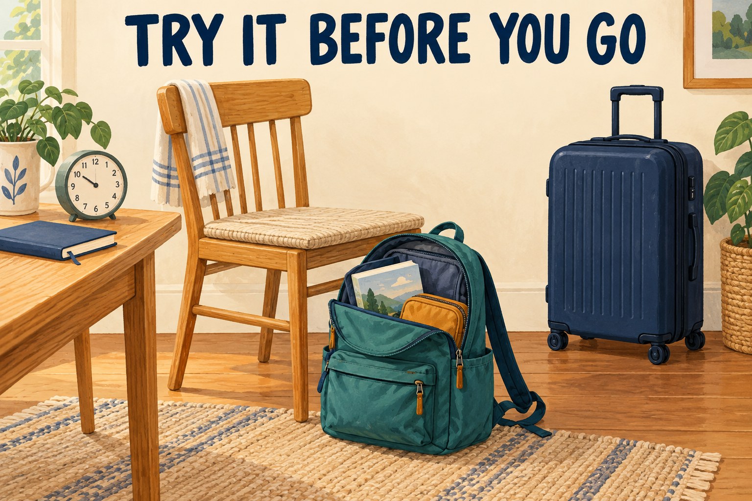 Open teal backpack with book and pouch beside a wooden chair at home, with a closed navy suitcase standing separately under the words Try it before you go.