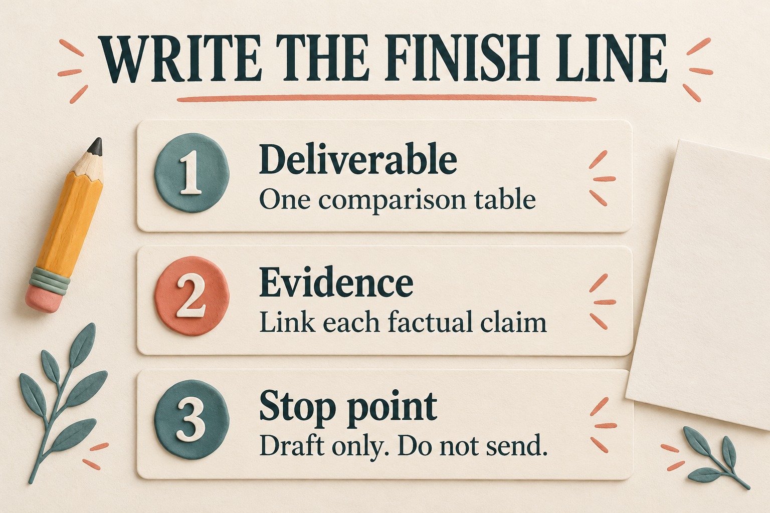 Three brief fields specify one comparison table, links for factual claims and a draft-only stop point.