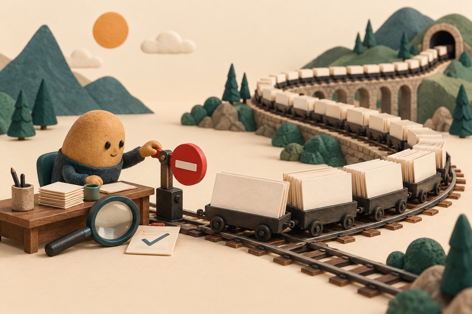 A clay potato office worker watches a long train of blank task cards beside a red stop signal, magnifying glass and checked paper.