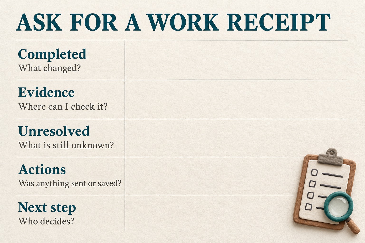 A blank work-receipt worksheet asks what changed, where to check evidence, what remains unknown, whether anything was sent or saved and who decides next.