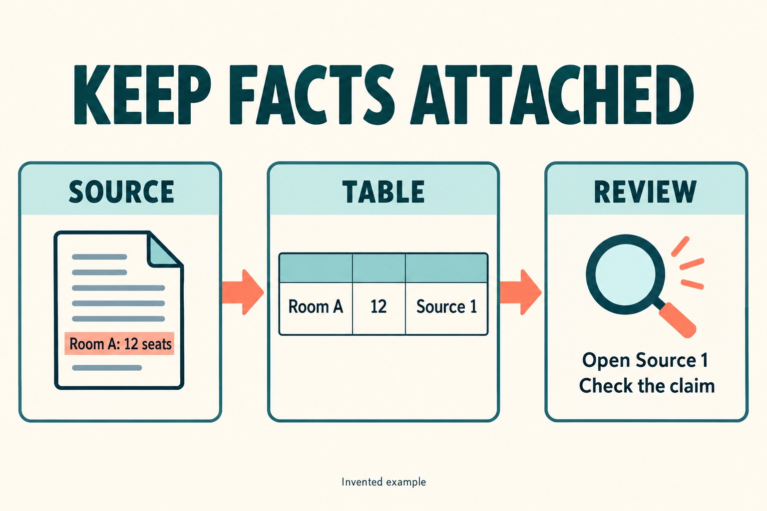 An invented room capacity of 12 seats moves from Source 1 to a comparison table, then to a review that opens the source and checks the claim.