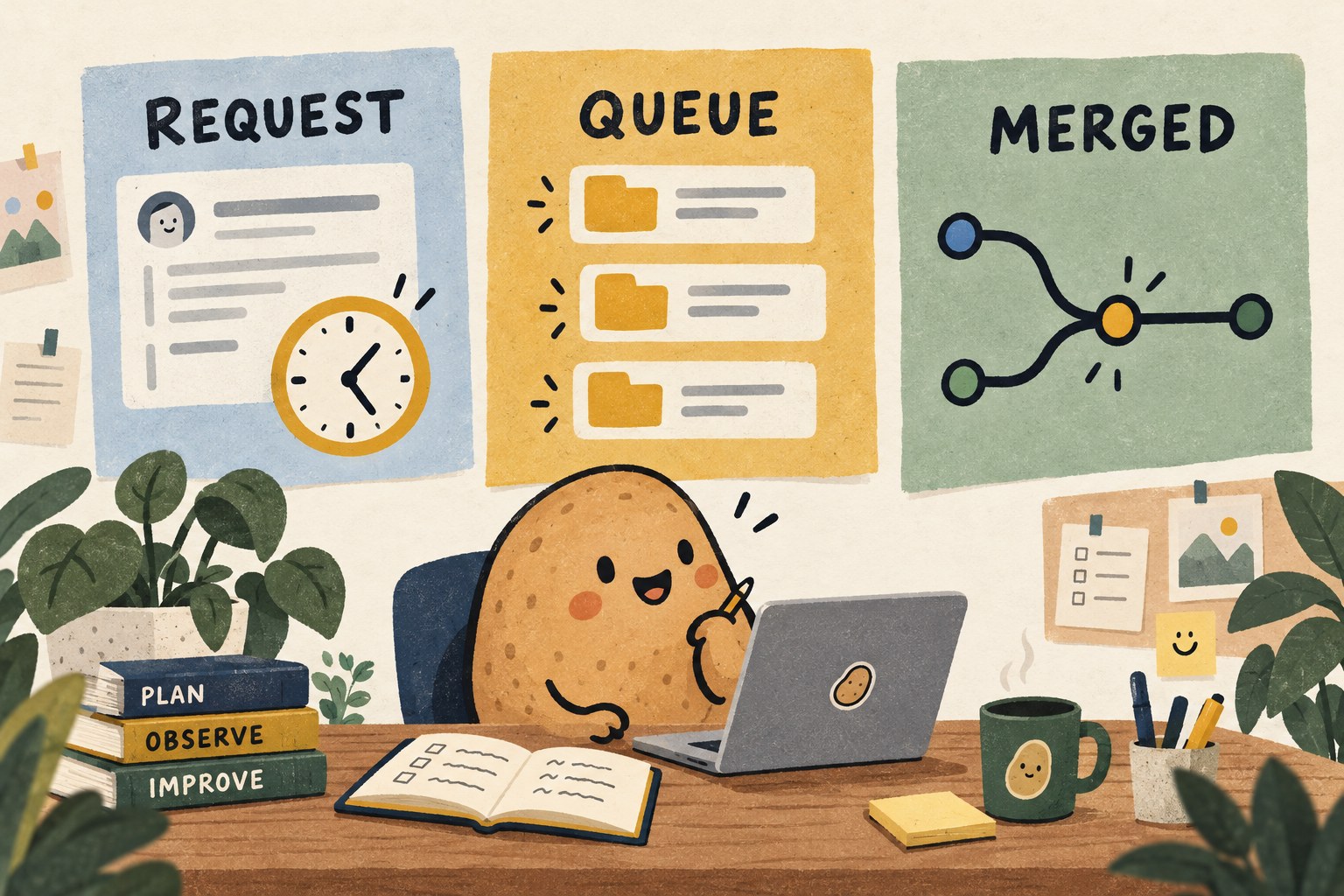 A potato project manager compares separate request, queue and merged cards