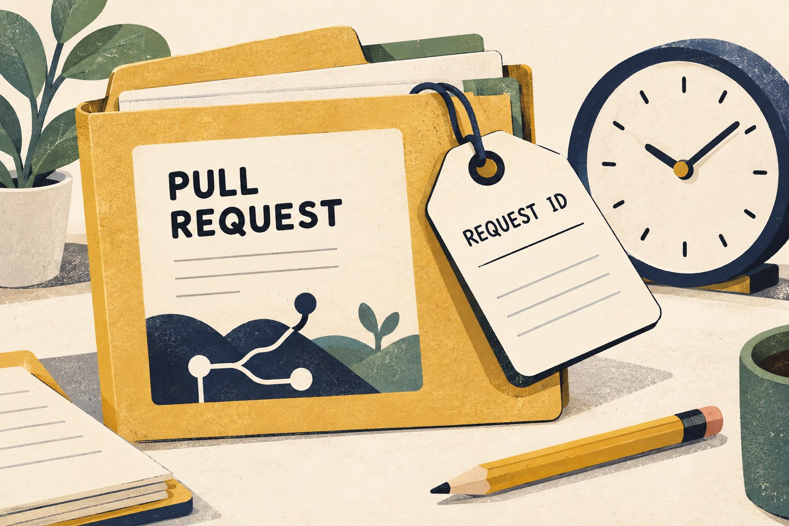 A request ID tag attached to a pull request folder beside a clock and record sheet