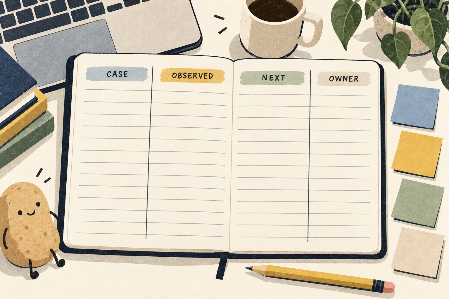 An empty notebook worksheet with case, observed, next and owner columns