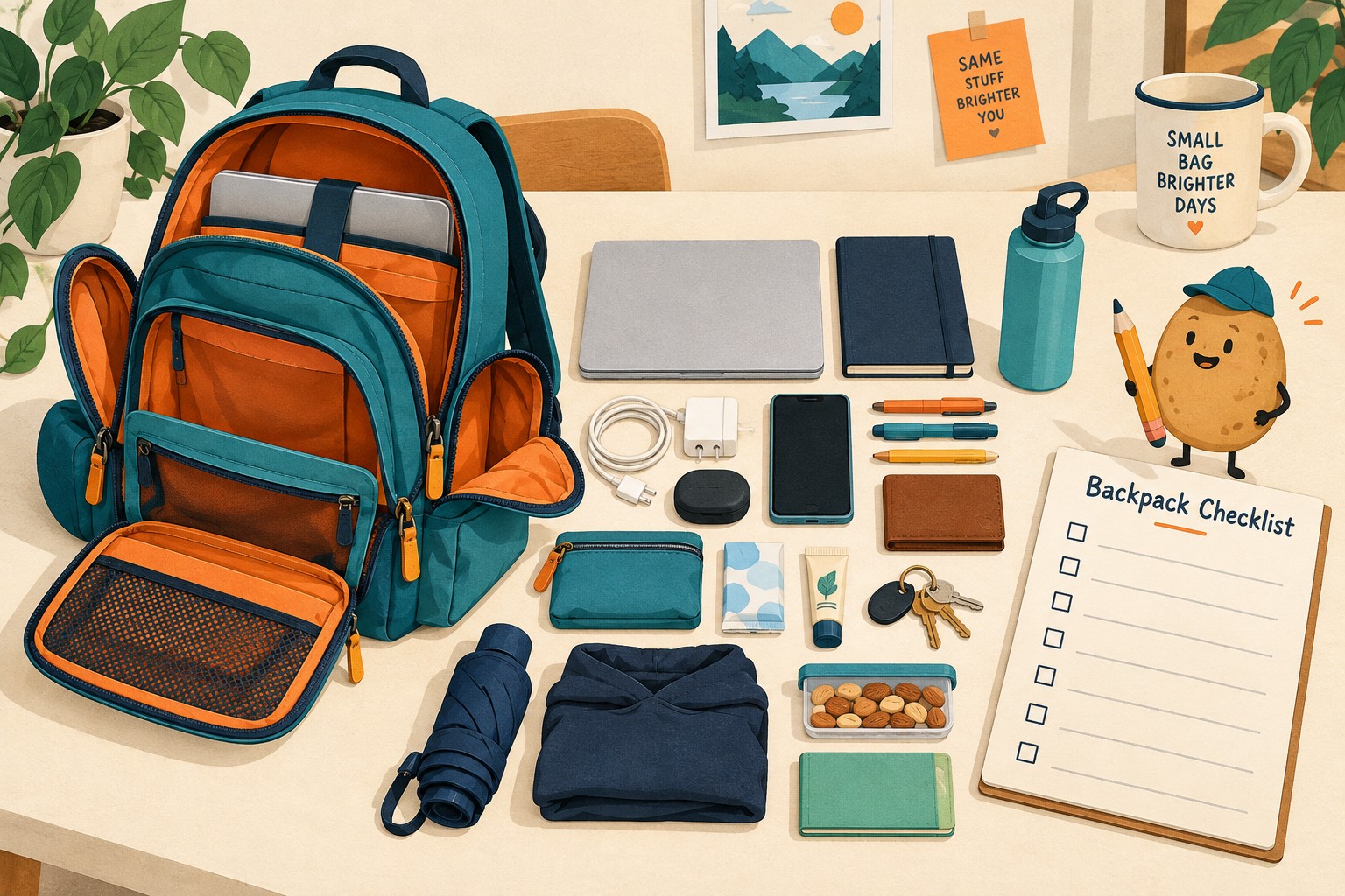 Open teal backpack beside removed everyday belongings and a blank checklist, with a potato clerk holding a pencil.
