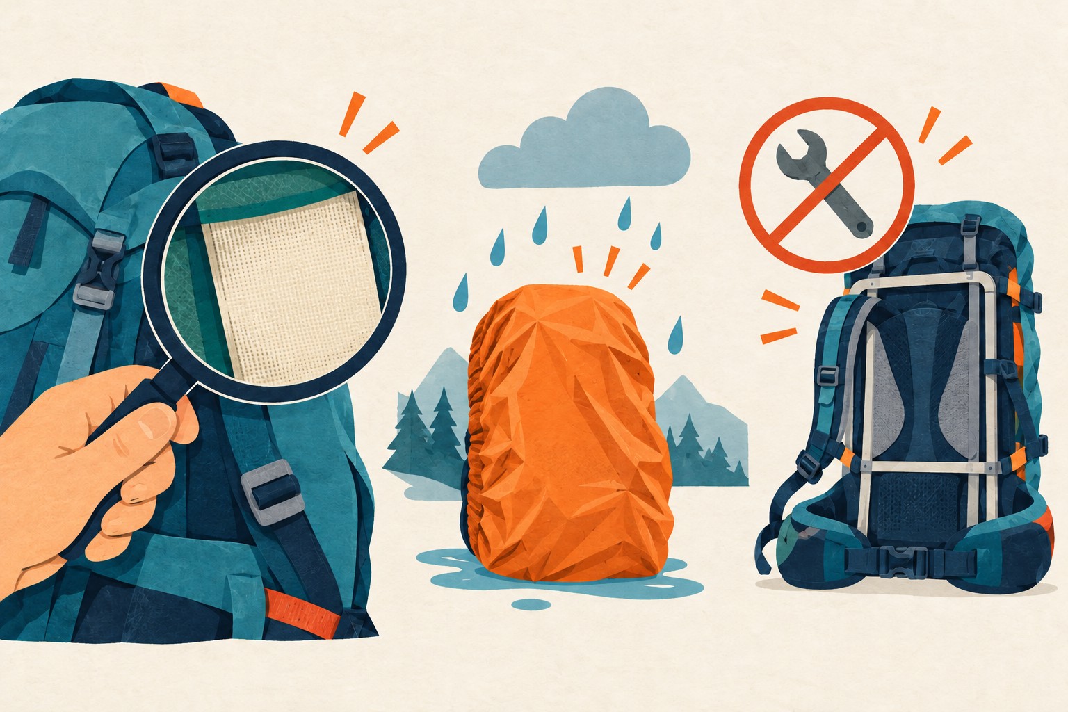 A blank care label under a magnifier, an orange rain cover and a backpack frame beside a crossed-out wrench.