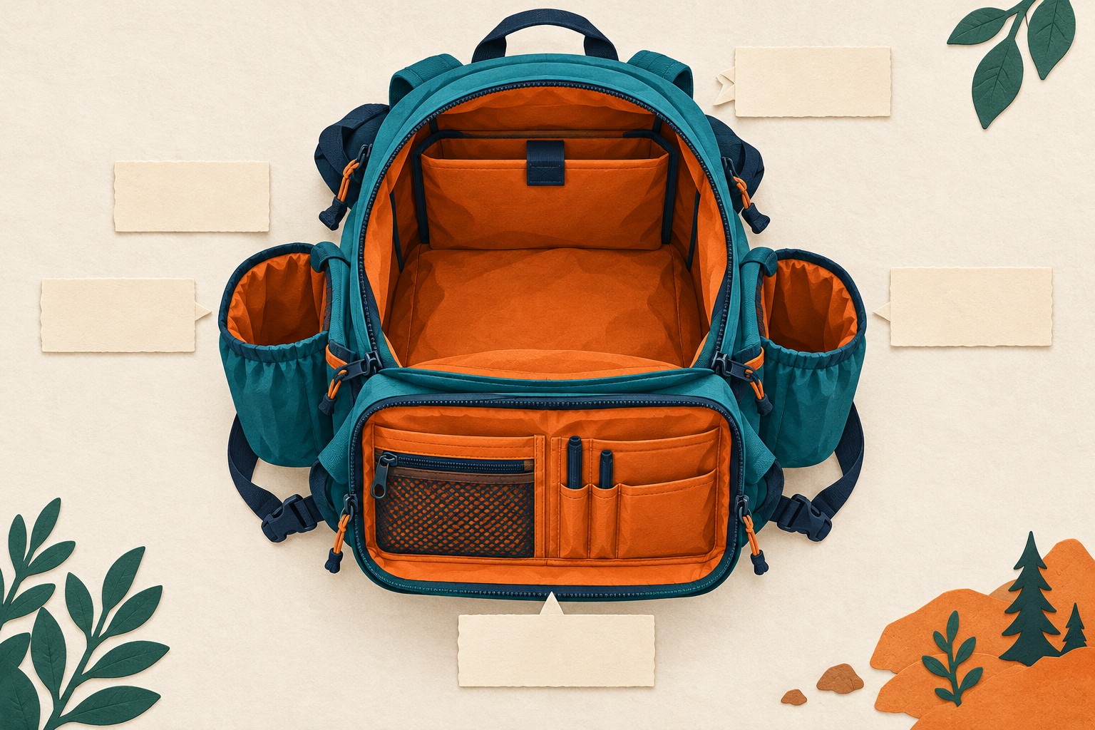 Open backpack compartments and organizer slots surrounded by blank paper labels; two pens remain in the organizer.