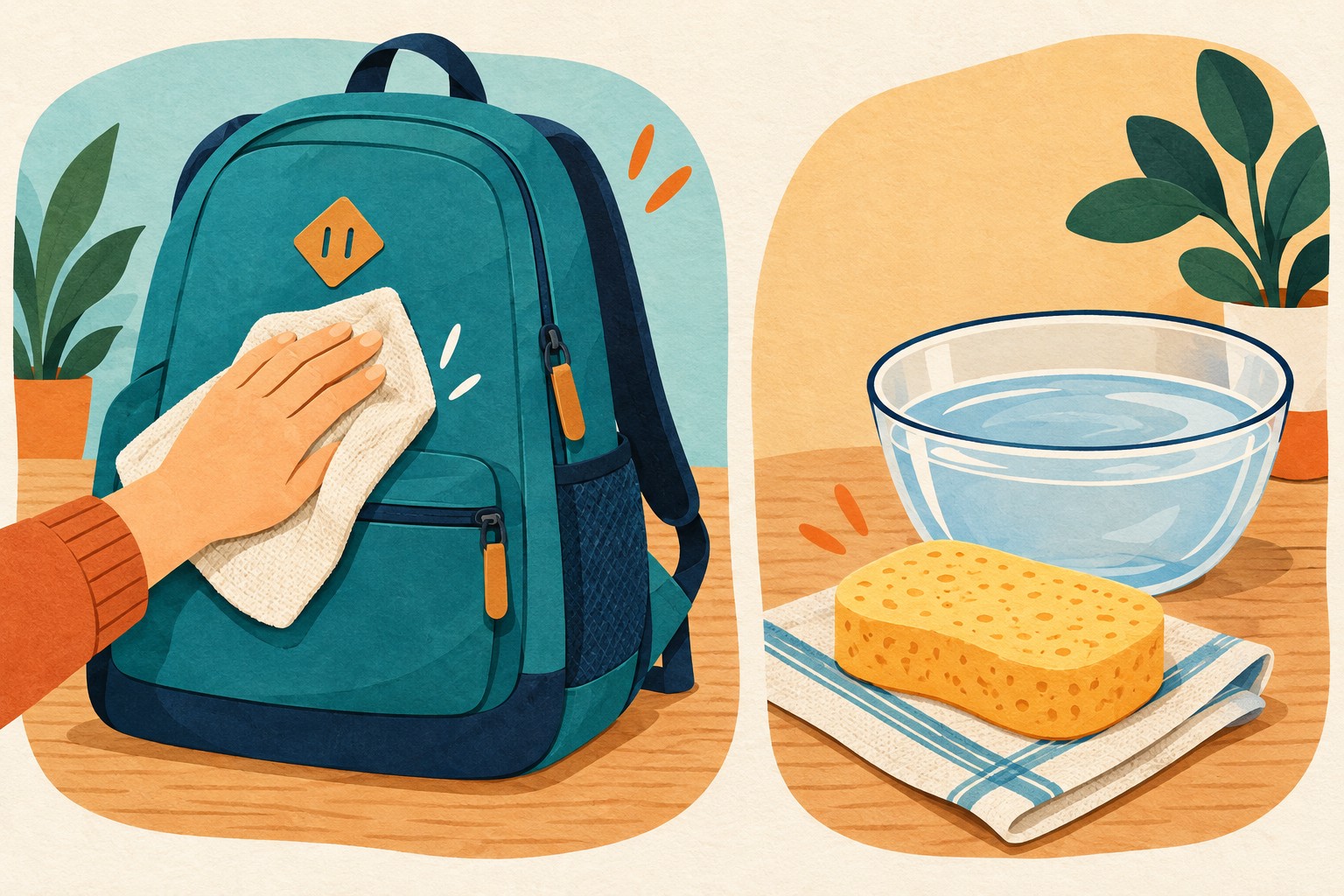 A cloth wiping a backpack beside a separate bowl, sponge and folded cloth.