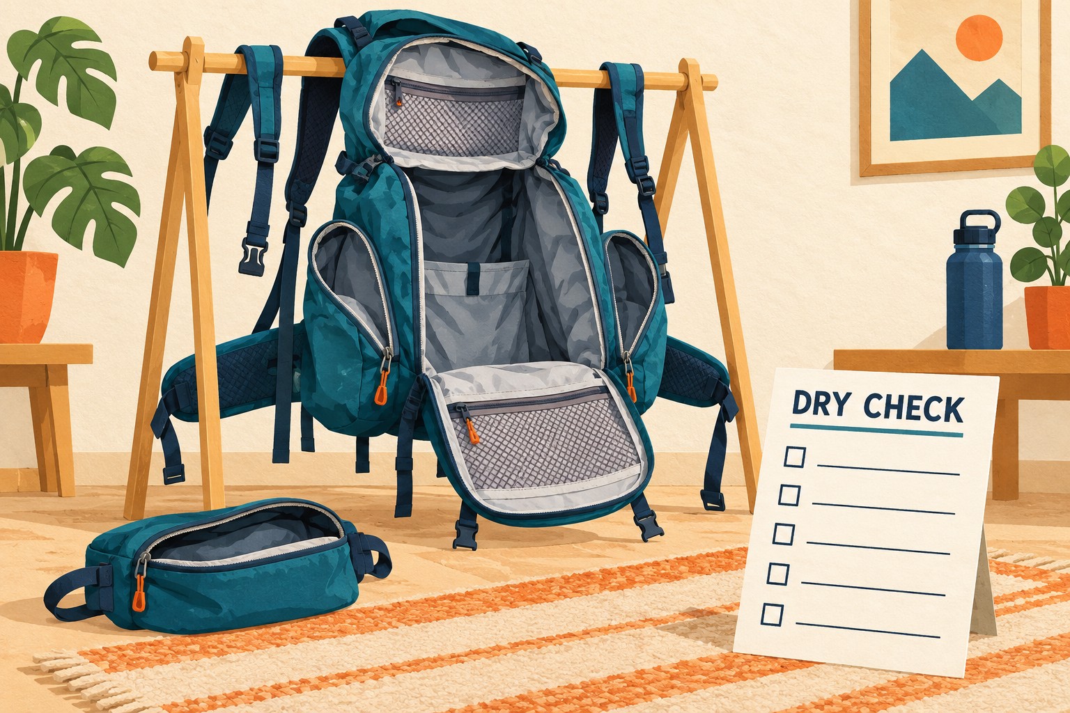 An open backpack on an indoor rack, separate pouch and blank dry-check card.
