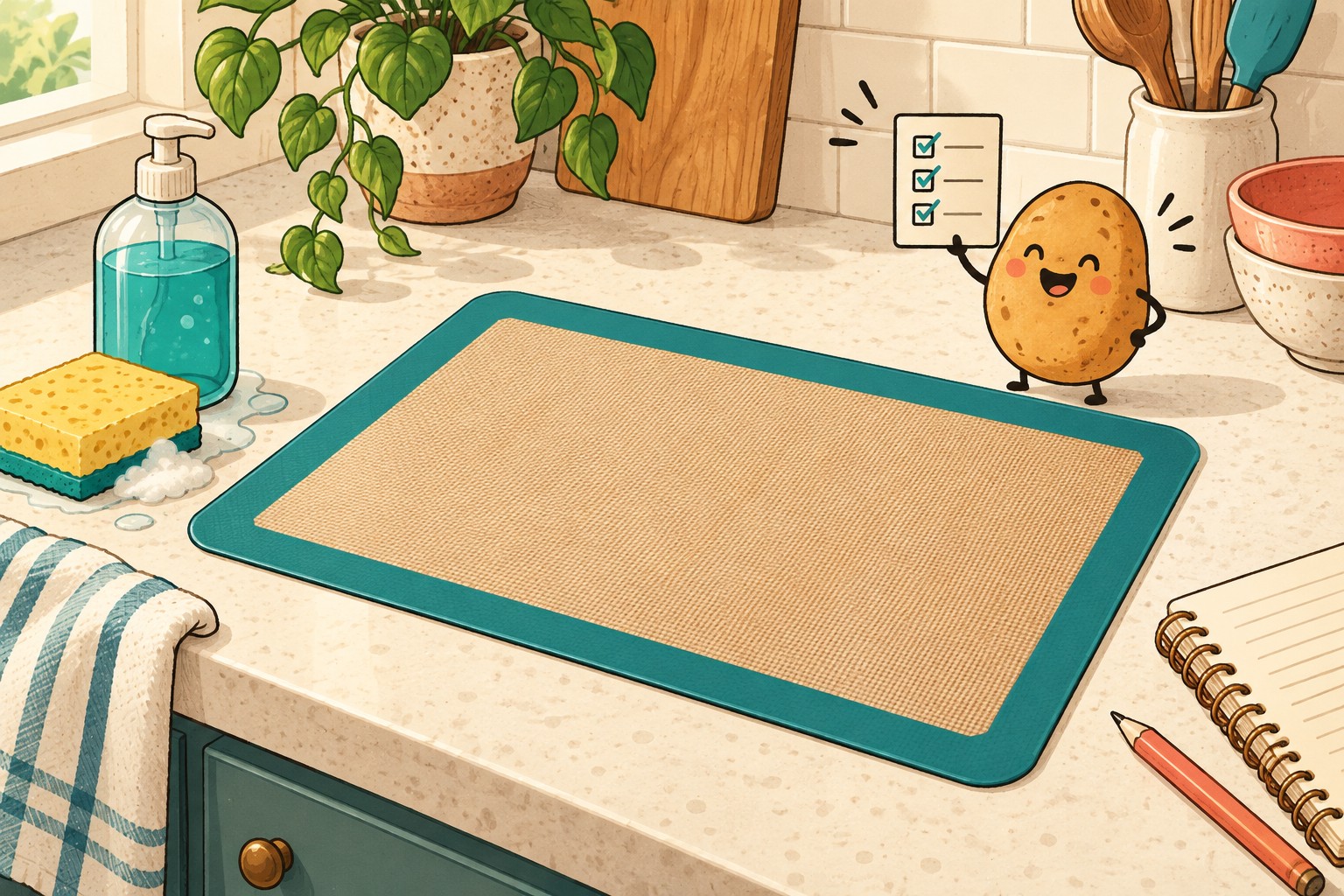 Flat baking mat on a counter beside a sponge, soap and a potato holding a checklist