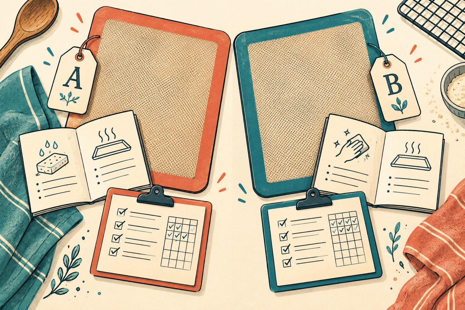 Two generic baking mats labeled A and B beside separate care booklets and records