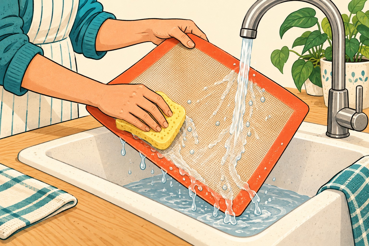 Hands using the soft face of a sponge on a baking mat over a sink
