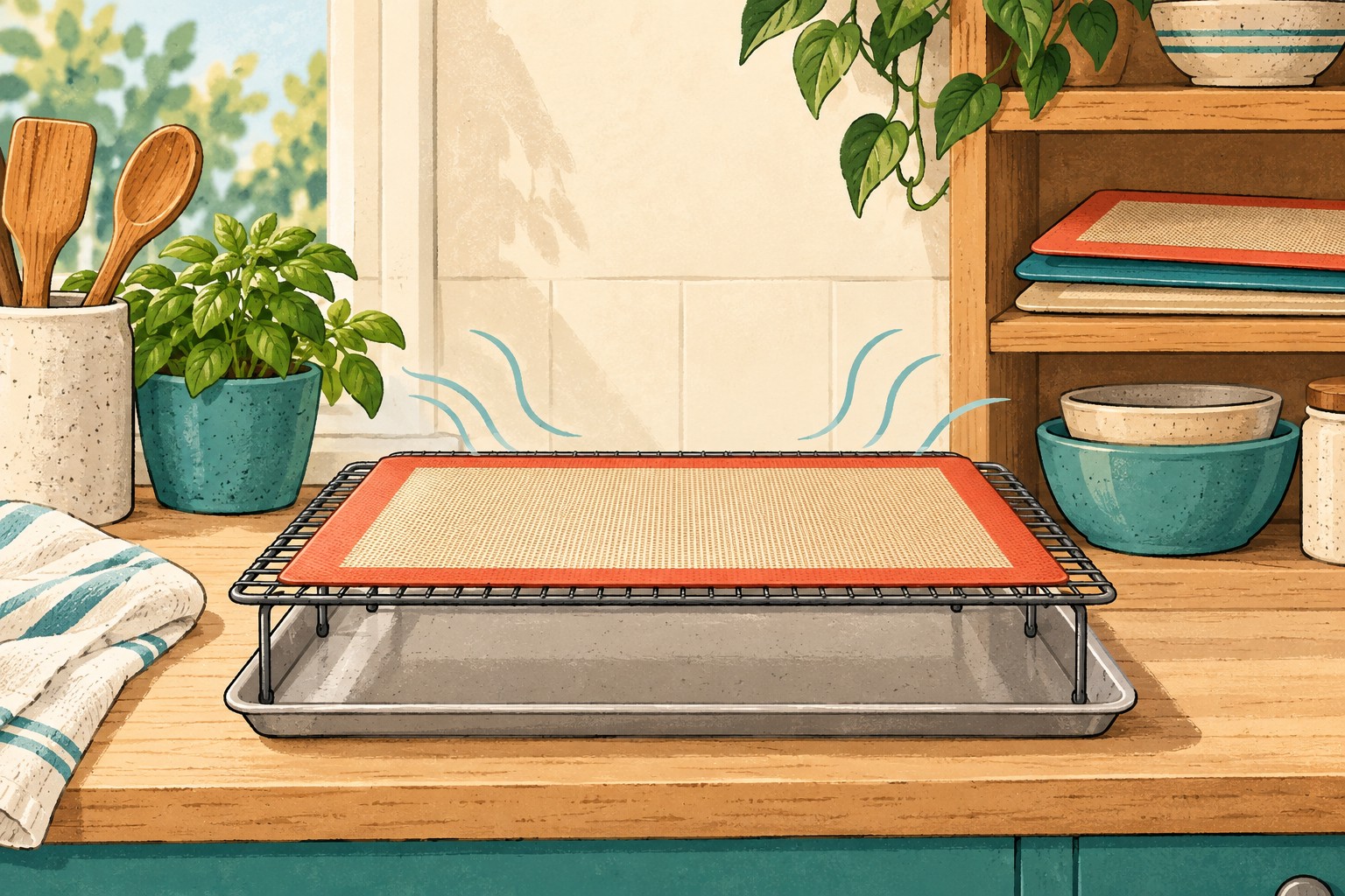 Flat baking mat on an open rack above a drip tray, with flat mats stored on a shelf