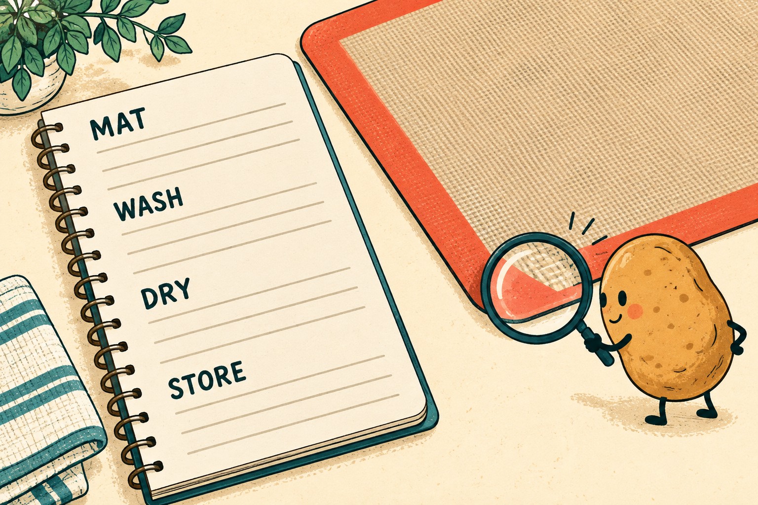 Notebook with Mat, Wash, Dry and Store headings beside a baking mat