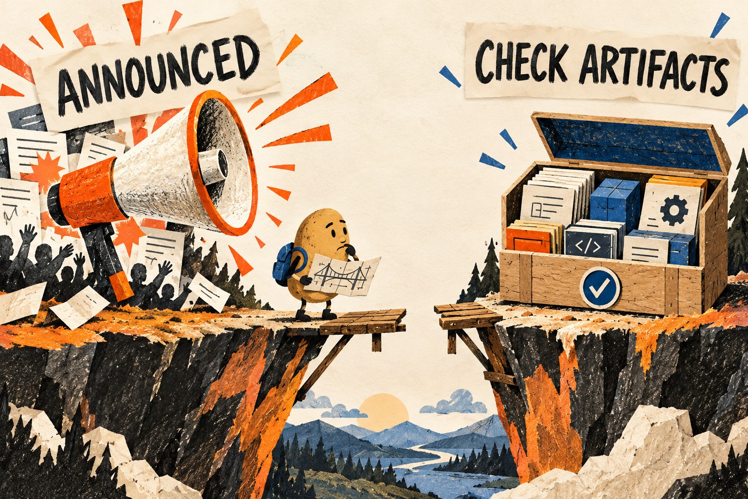 A potato inspector stands at an unfinished bridge between Announced and Check Artifacts.