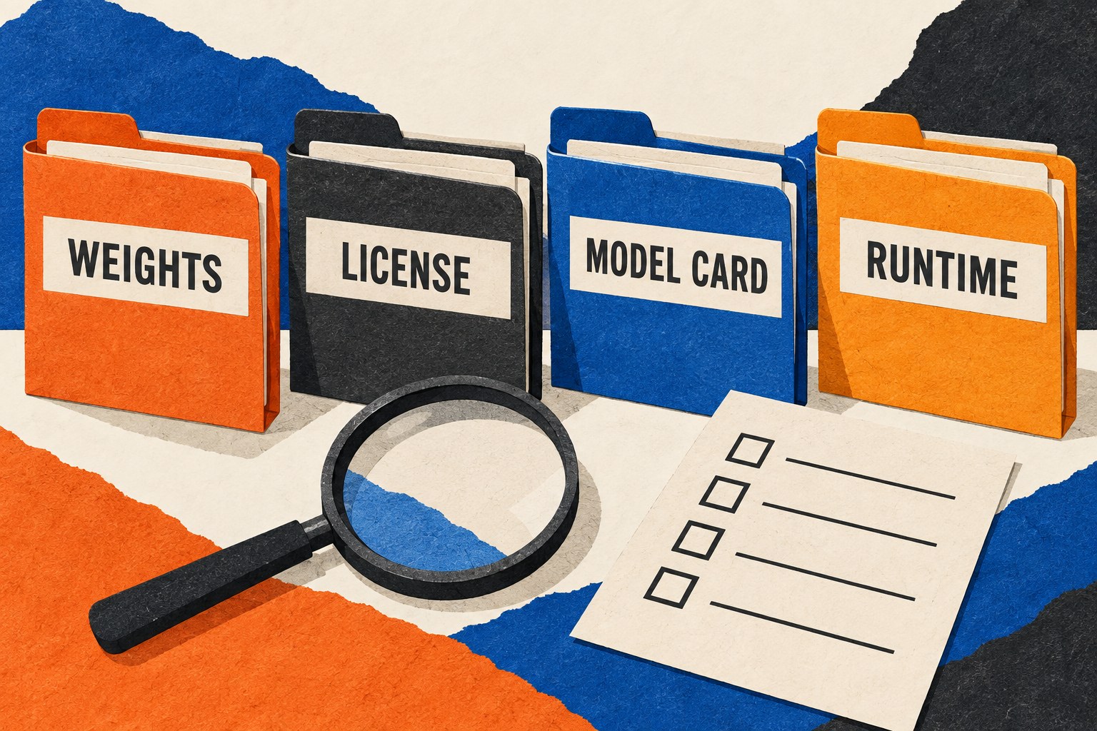 Four separate folders labeled Weights, License, Model Card and Runtime beside an empty checklist.