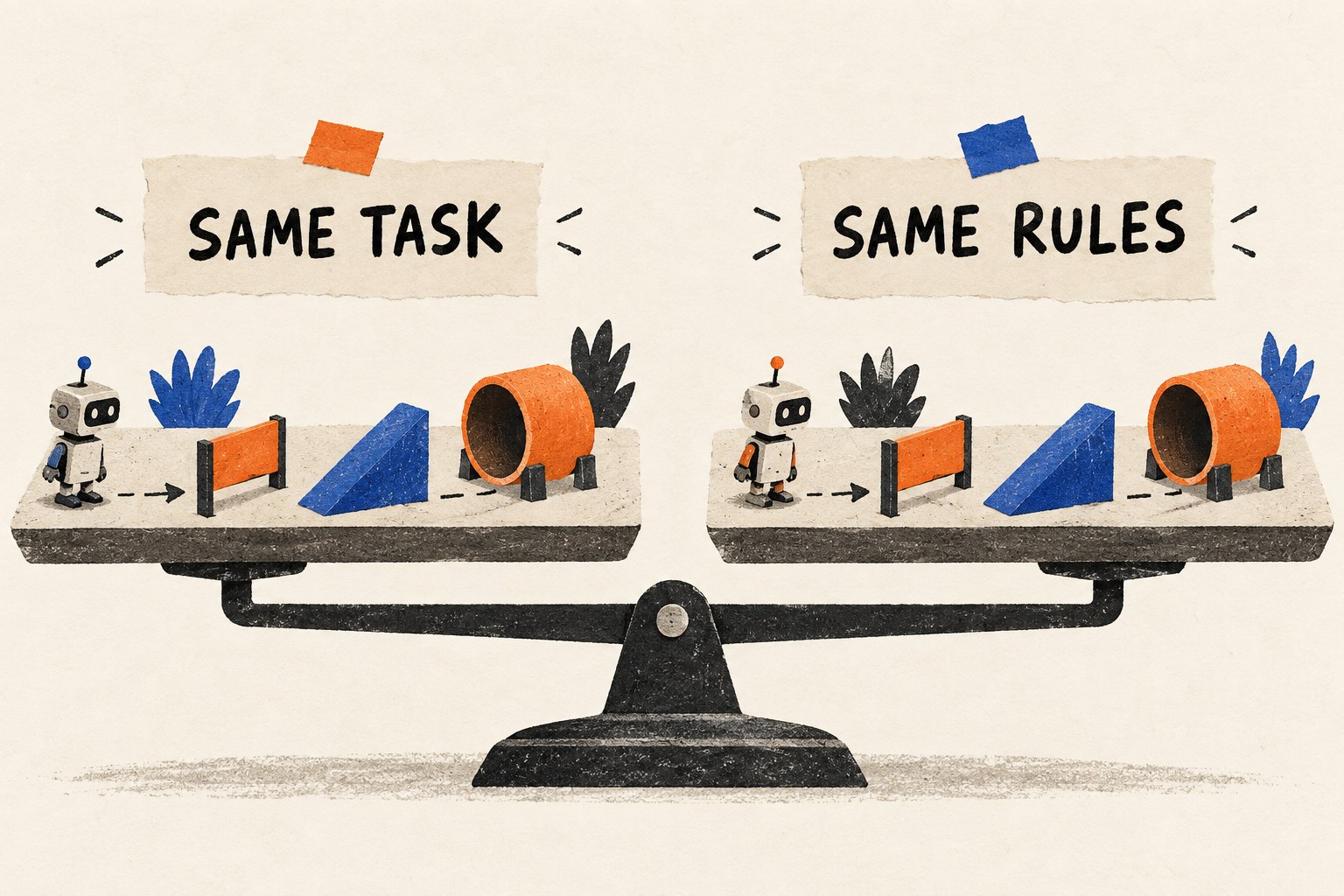 Two matching toy obstacle courses on a balanced scale labeled Same Task and Same Rules.