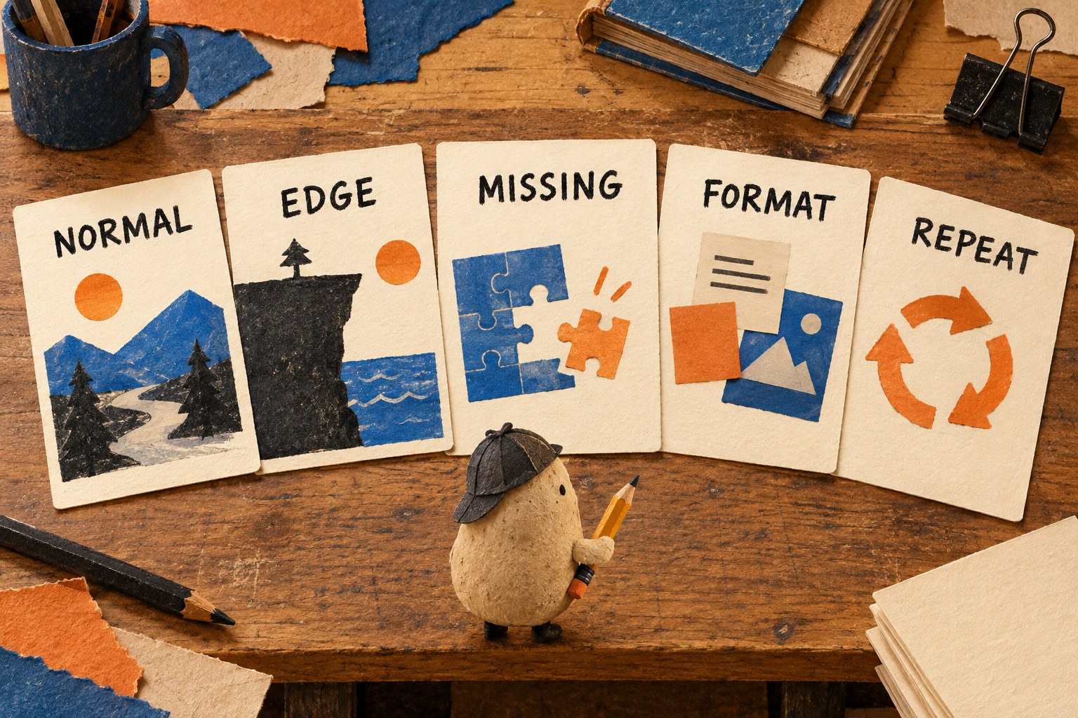 Five evaluation cards labeled Normal, Edge, Missing, Format and Repeat.