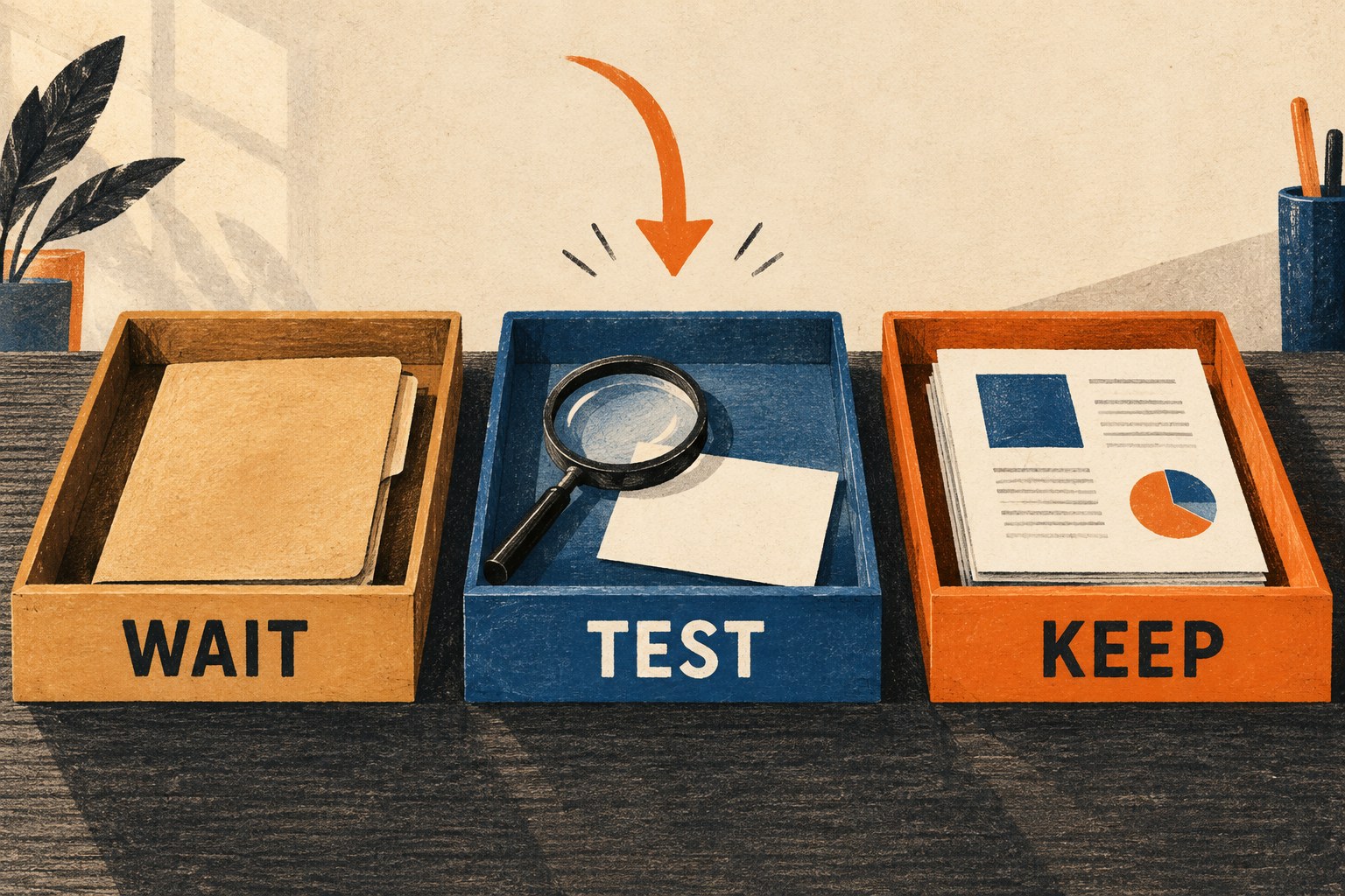 Three trays labeled Wait, Test and Keep, with an arrow pointing at Test.