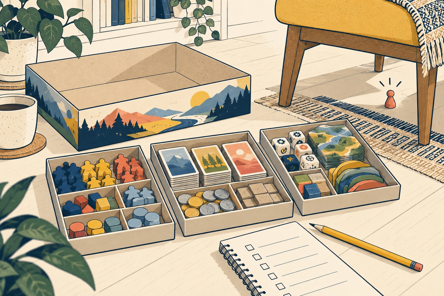 An open generic board-game box, sorted component trays and a checklist, with a stray pawn beneath a chair