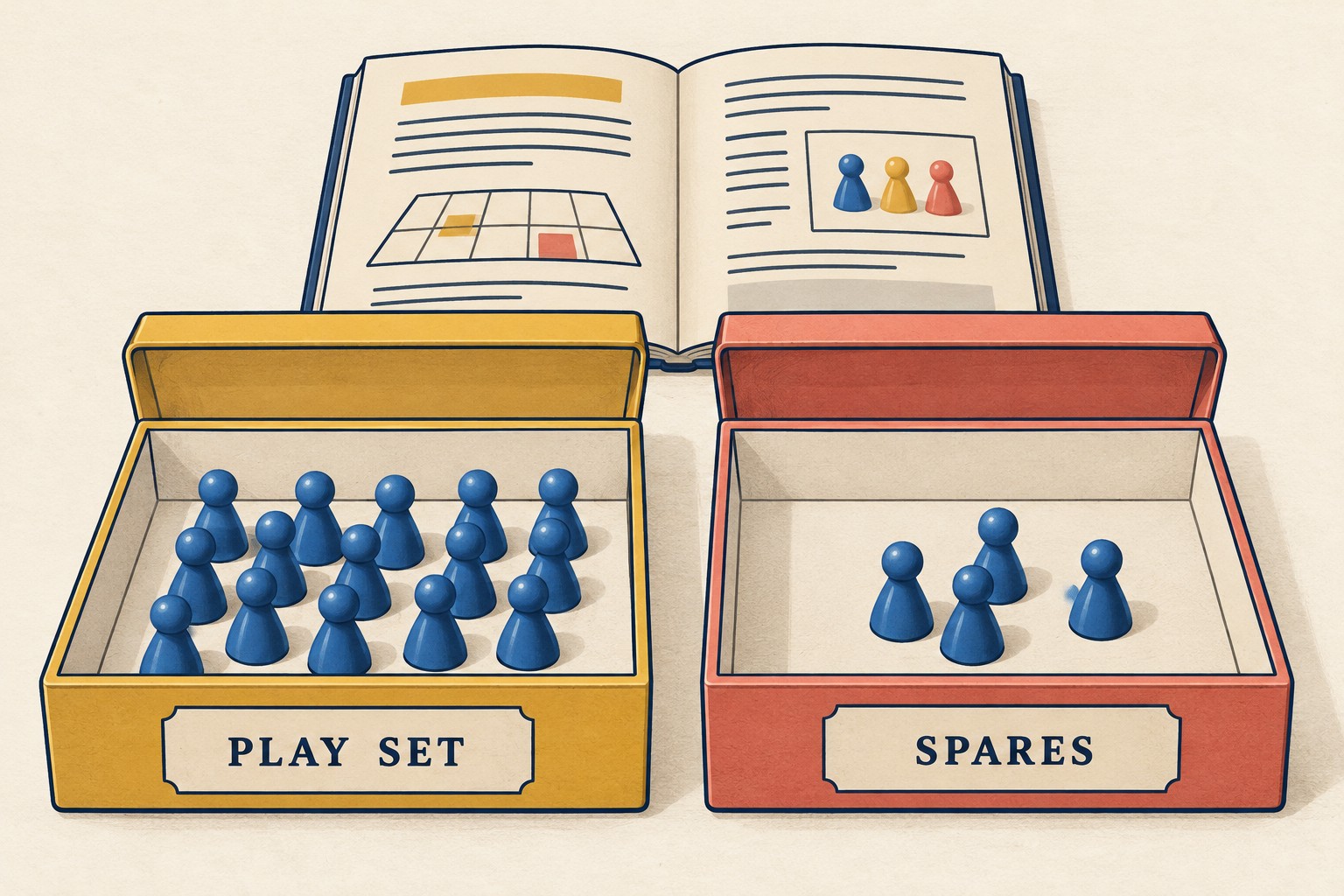 Separate trays labeled Play Set and Spares contain generic blue pawns beside a rulebook