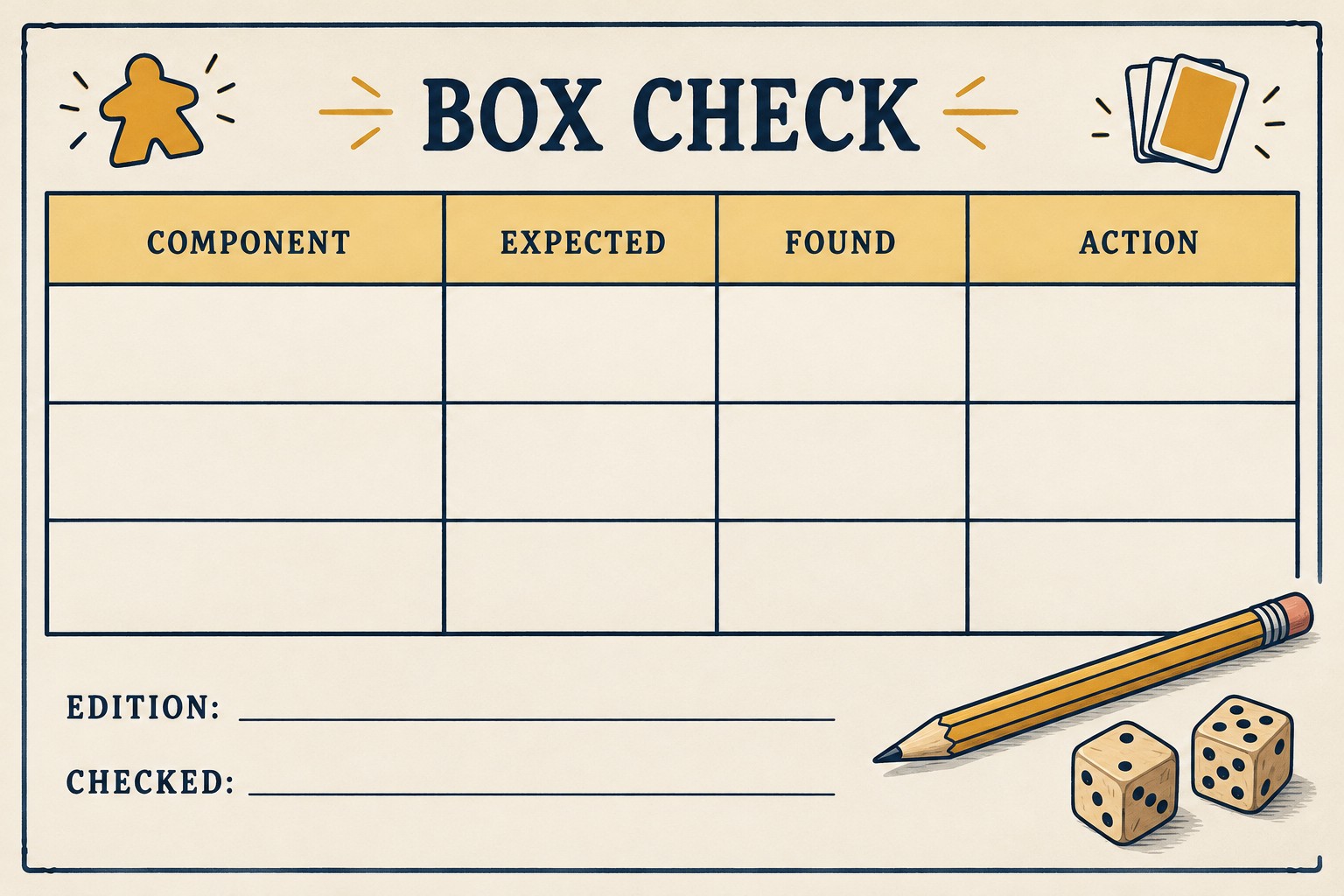 Blank Box Check worksheet with component, expected, found and action columns, plus edition and checked fields