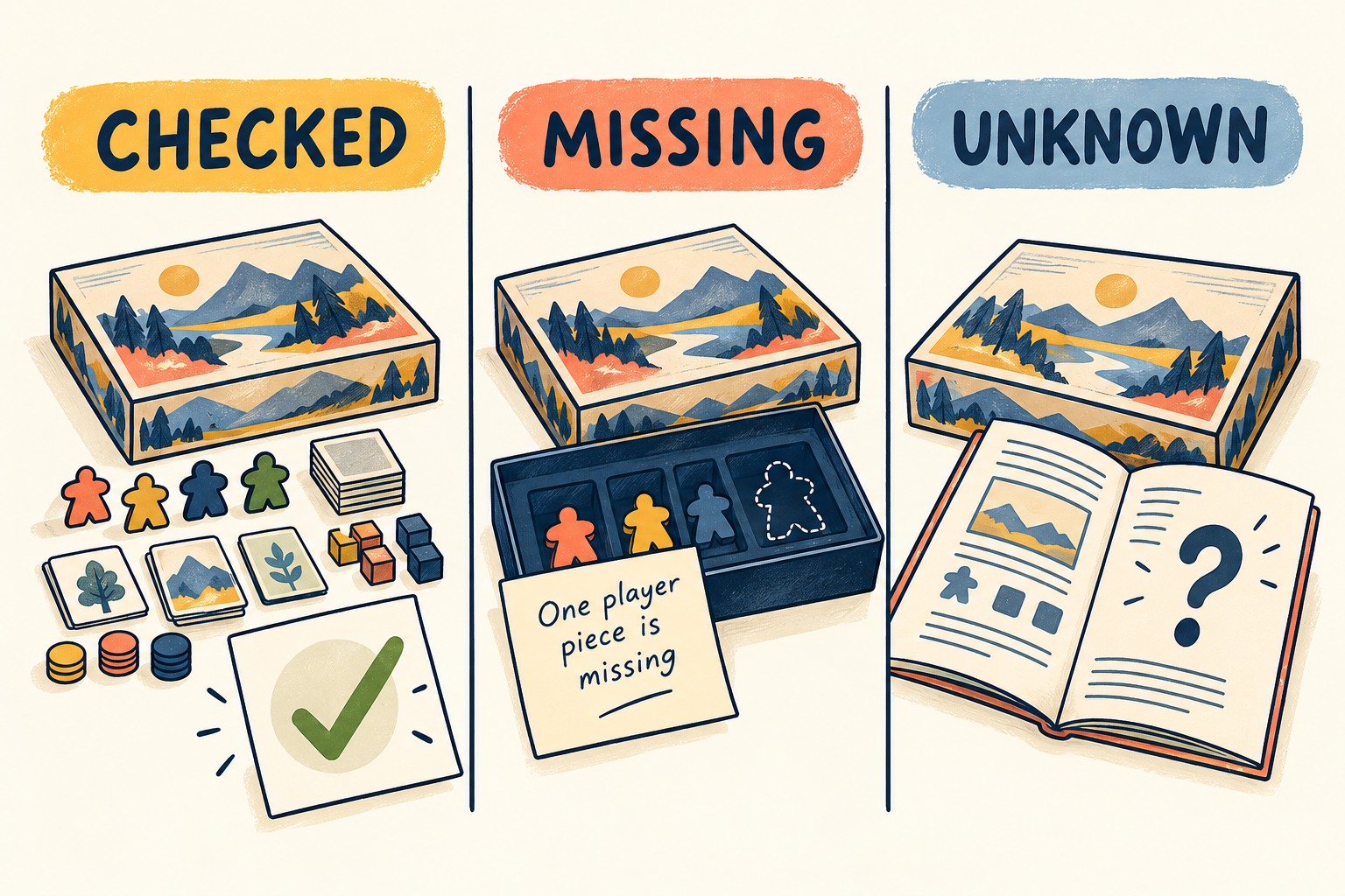 Three inventory states labeled Checked, Missing and Unknown; the missing example identifies one absent player piece