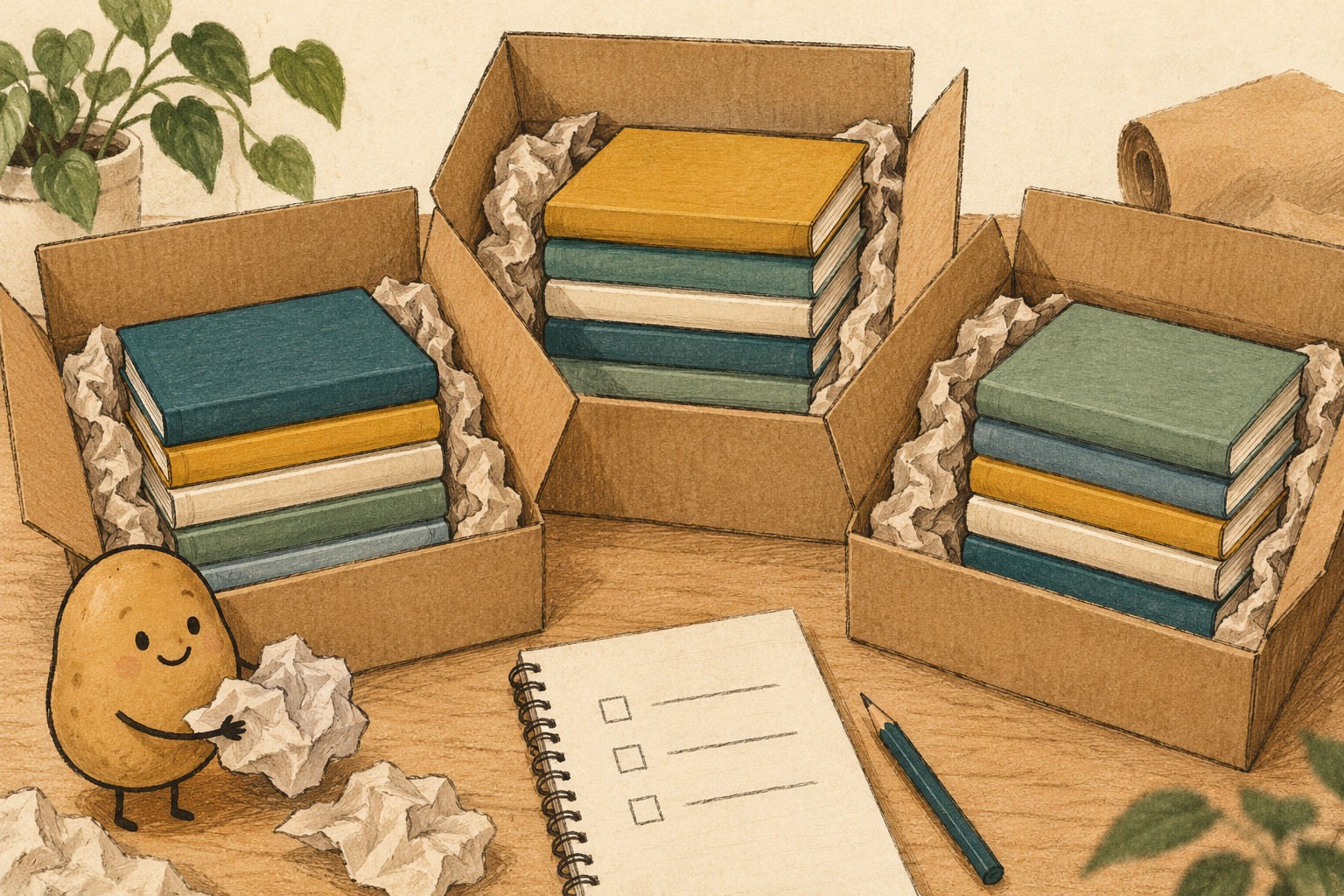 Three small cartons with flat stacks of books and paper cushioning beside a record notebook