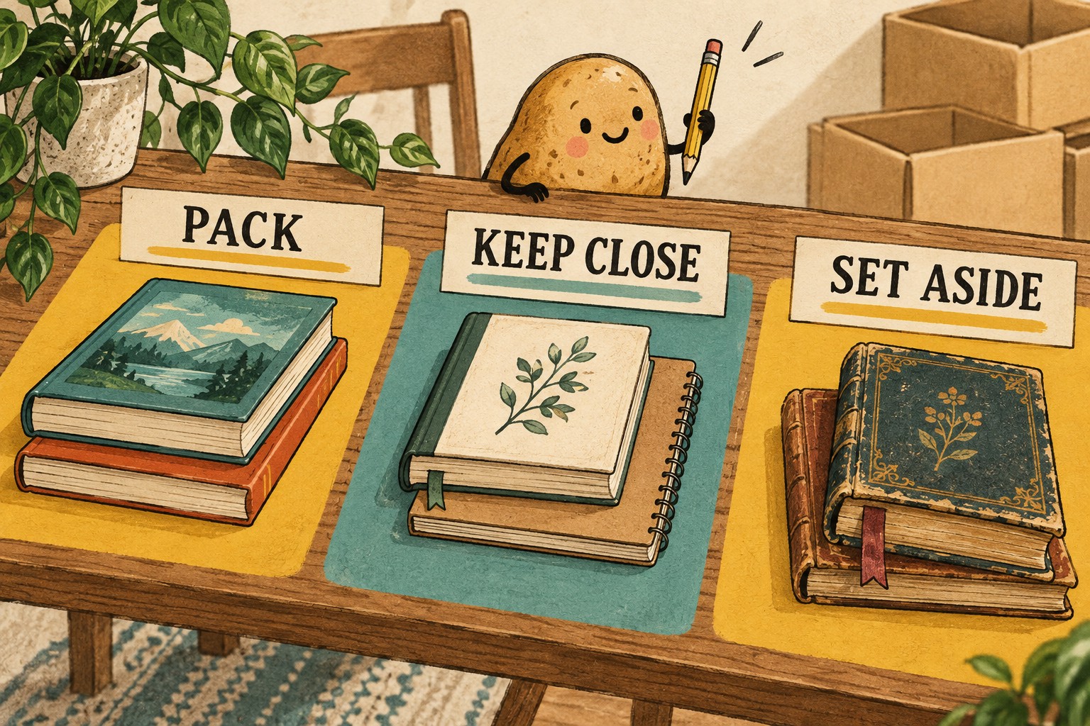 Three book groups labeled Pack, Keep Close and Set Aside