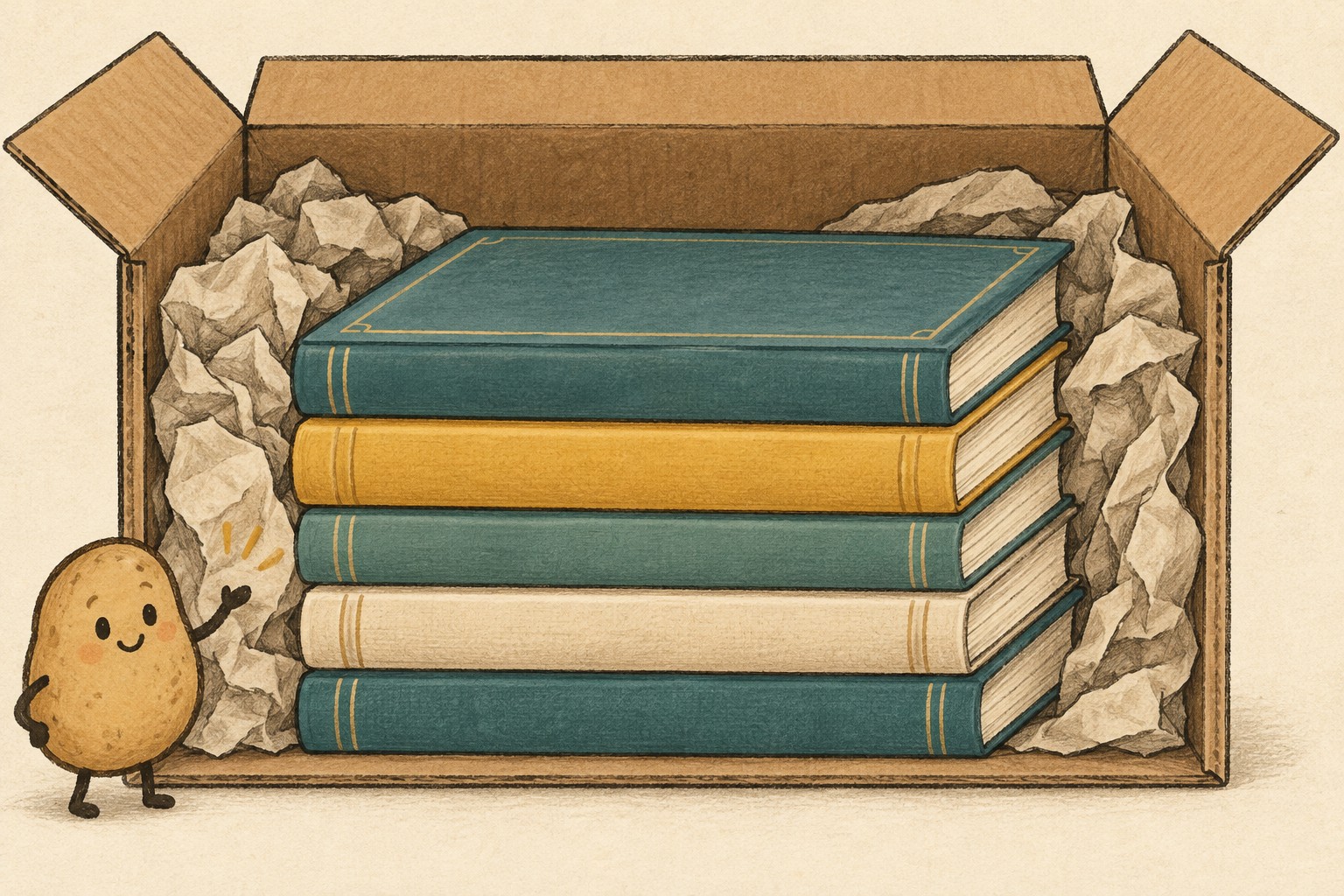 Cutaway carton showing closed books lying flat in a horizontal stack with paper around the sides