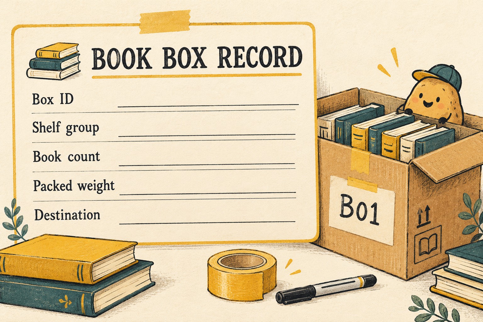 Blank Book Box Record with Box ID, Shelf group, Book count, Packed weight and Destination fields